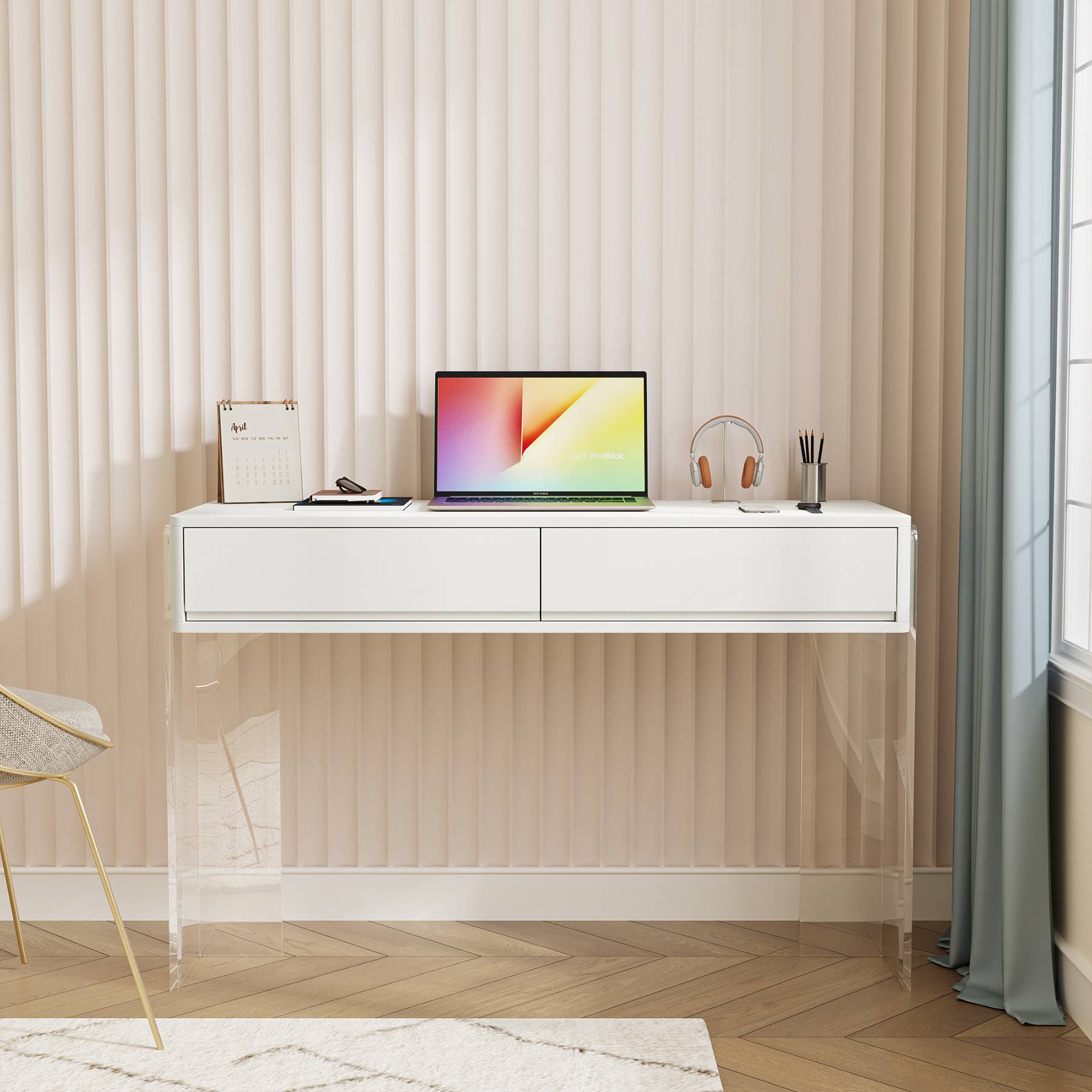 101.6 cm Computer Desk, Modern Writing Desk with 2 Drawers & Acrylic Legs