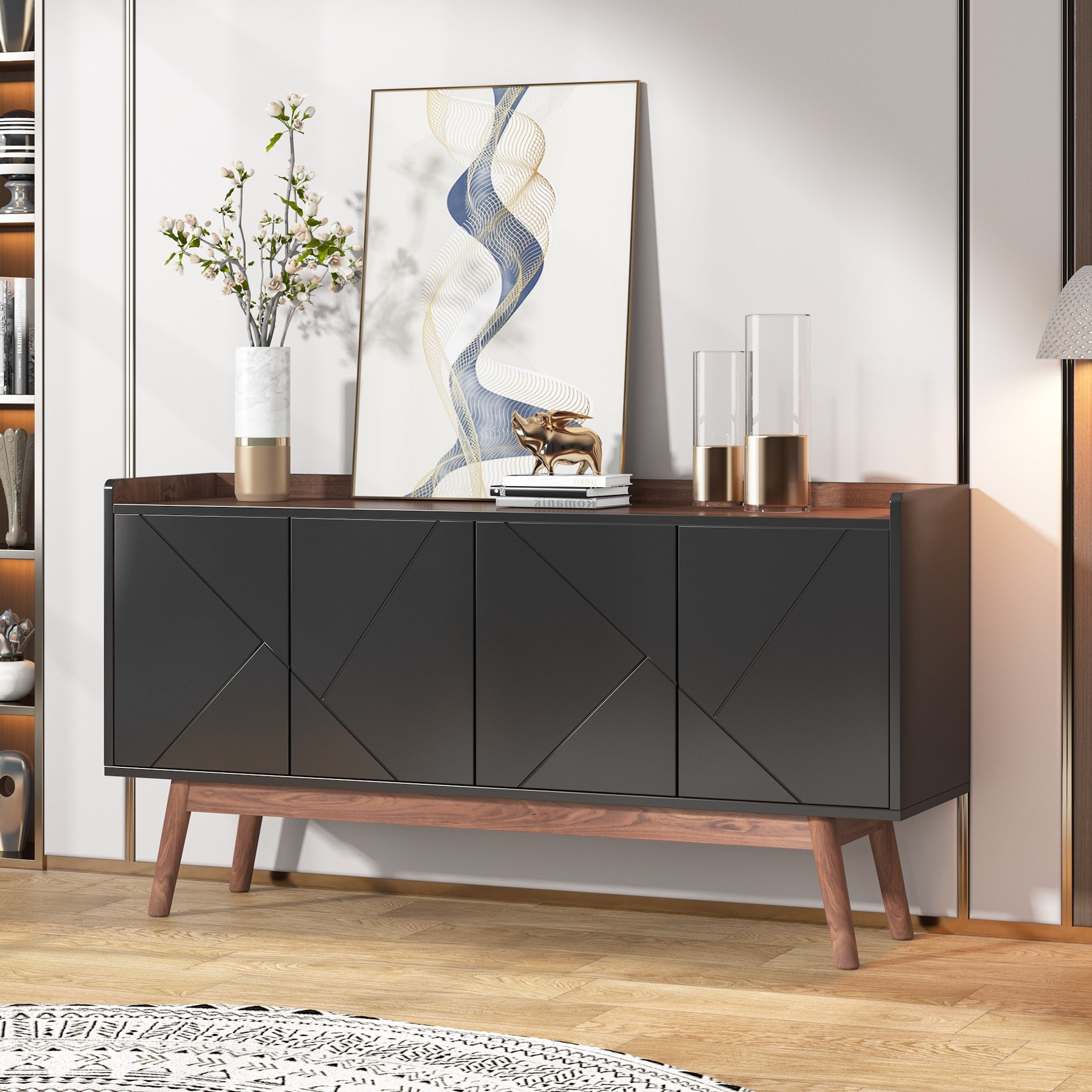 140 cm Sideboard Buffet, Wood Credenza Kitchen Buffet Cabinet with Doors