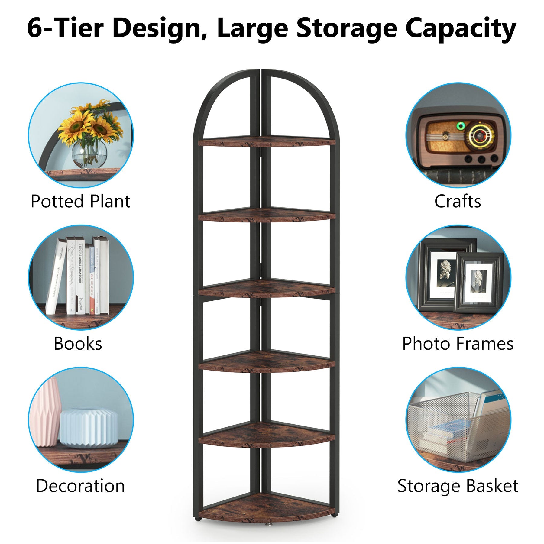 6-Tier Corner Shelf, 180 cm Tall Corner Bookshelf for Small Space