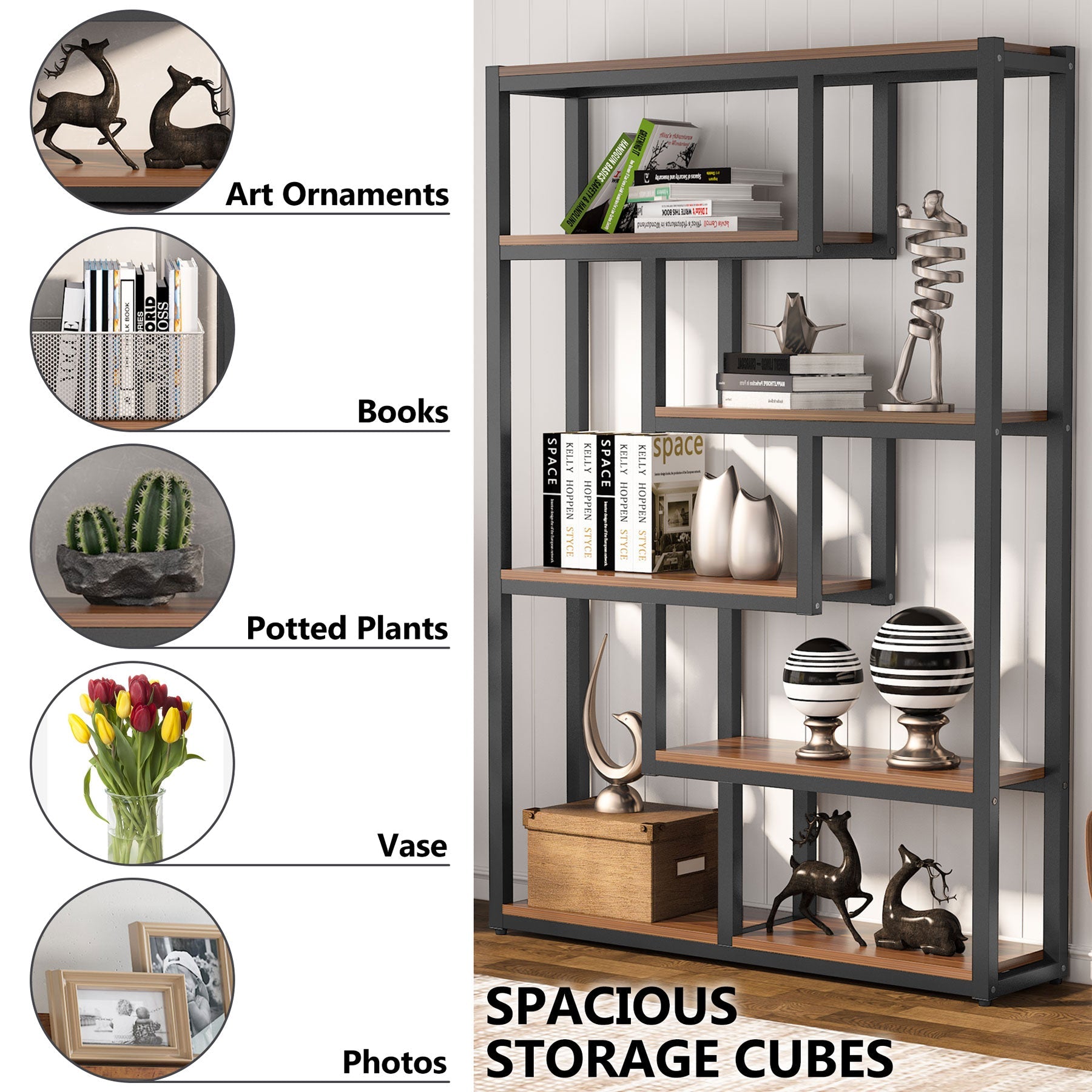 6-Tier Bookshelf, 175 cm Industrial Etagere Bookcase with Staggered Shelves