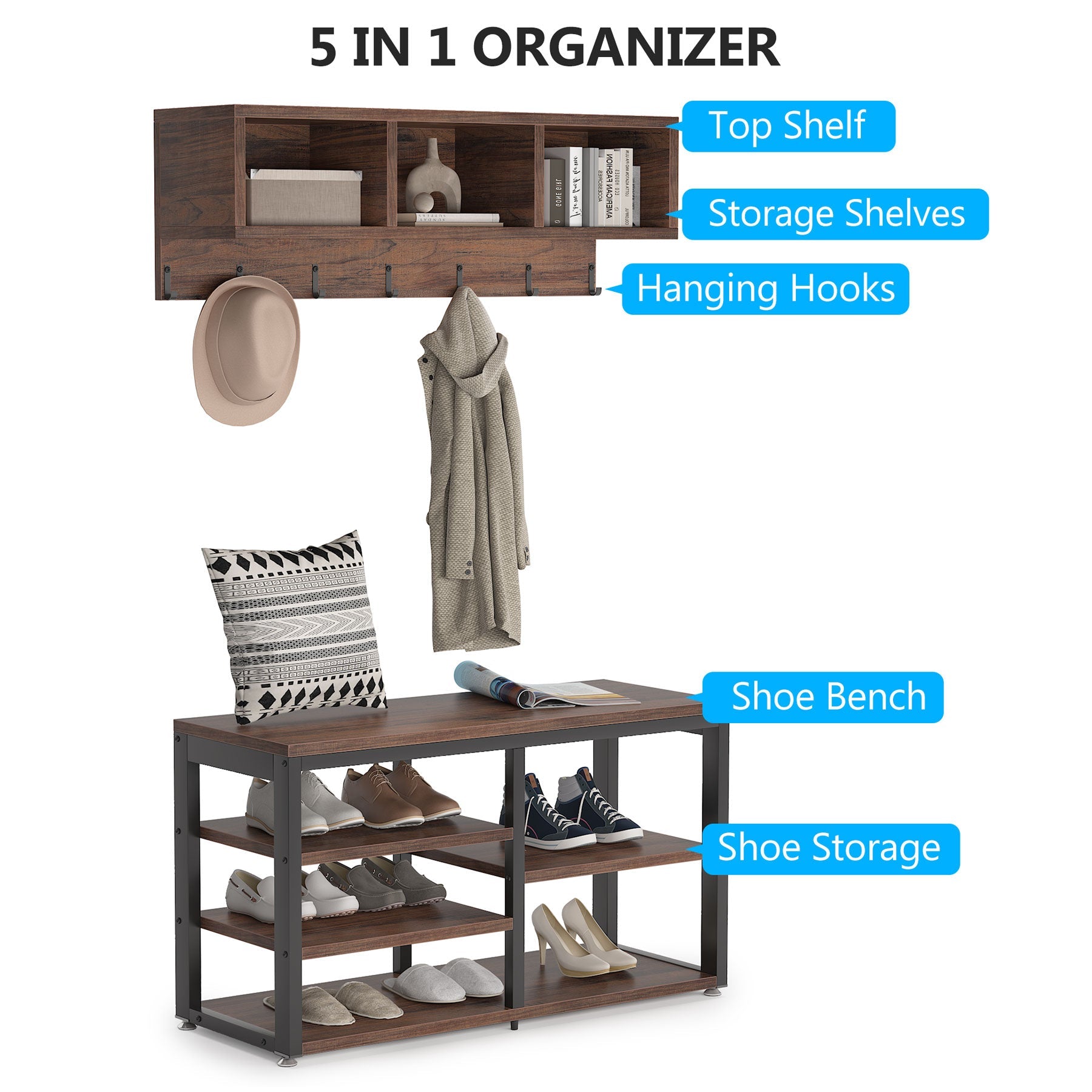 5 CM 1 Coat Rack Shoe Bench Set, Hall Tree with Wall Mounted Shelf