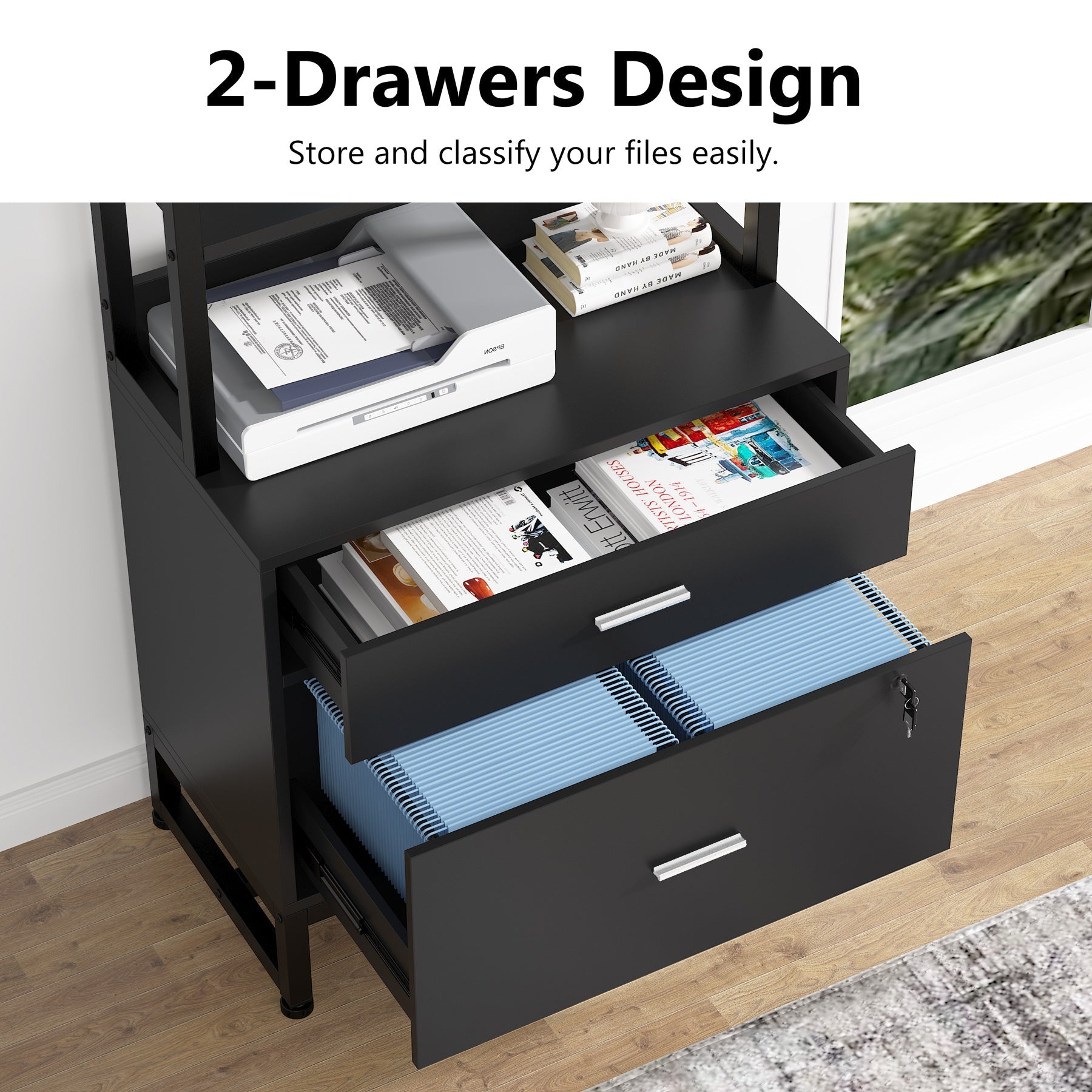 Vertical File Cabinet, 2-Drawer Filing Cabinet with Open Shelves (cm)