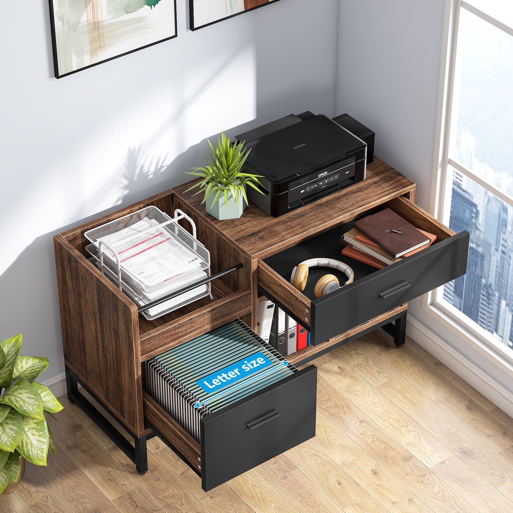 99 cm File Cabinet, Rustic Lateral Filing Cabinet with 2 Drawers