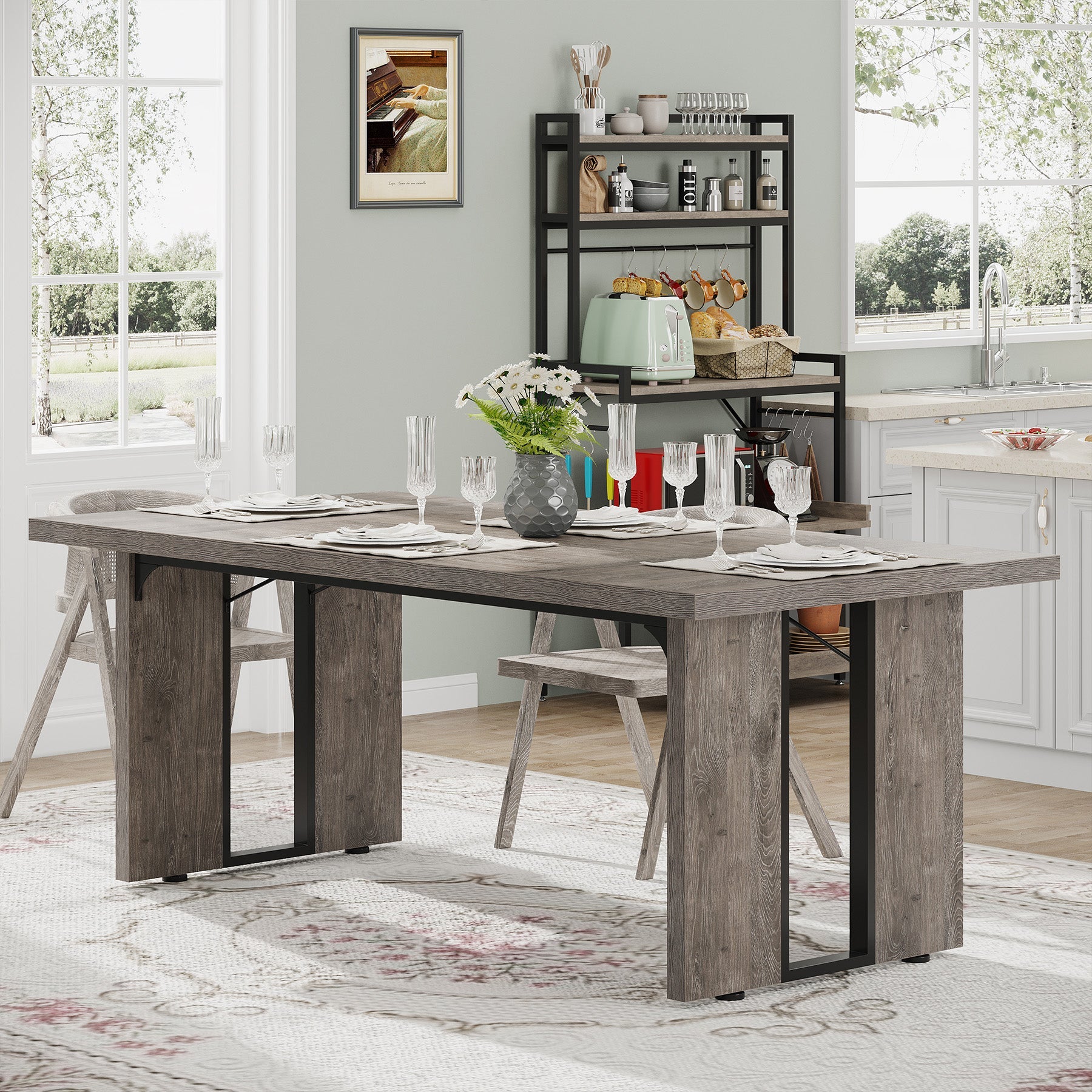 Rectangular Dining Table, 180 cm Farmhouse Breakfast Table for 6 to 8 People