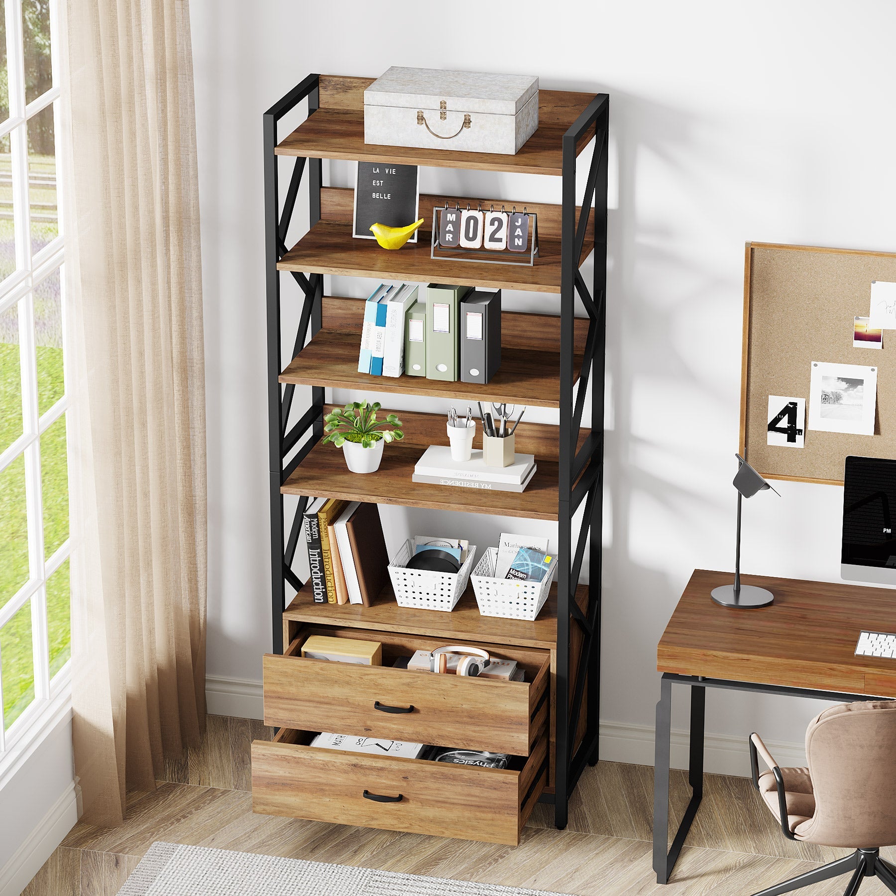 180 cm Bookshelf, Industrial 5-Tier Bookcase with 2 Drawers