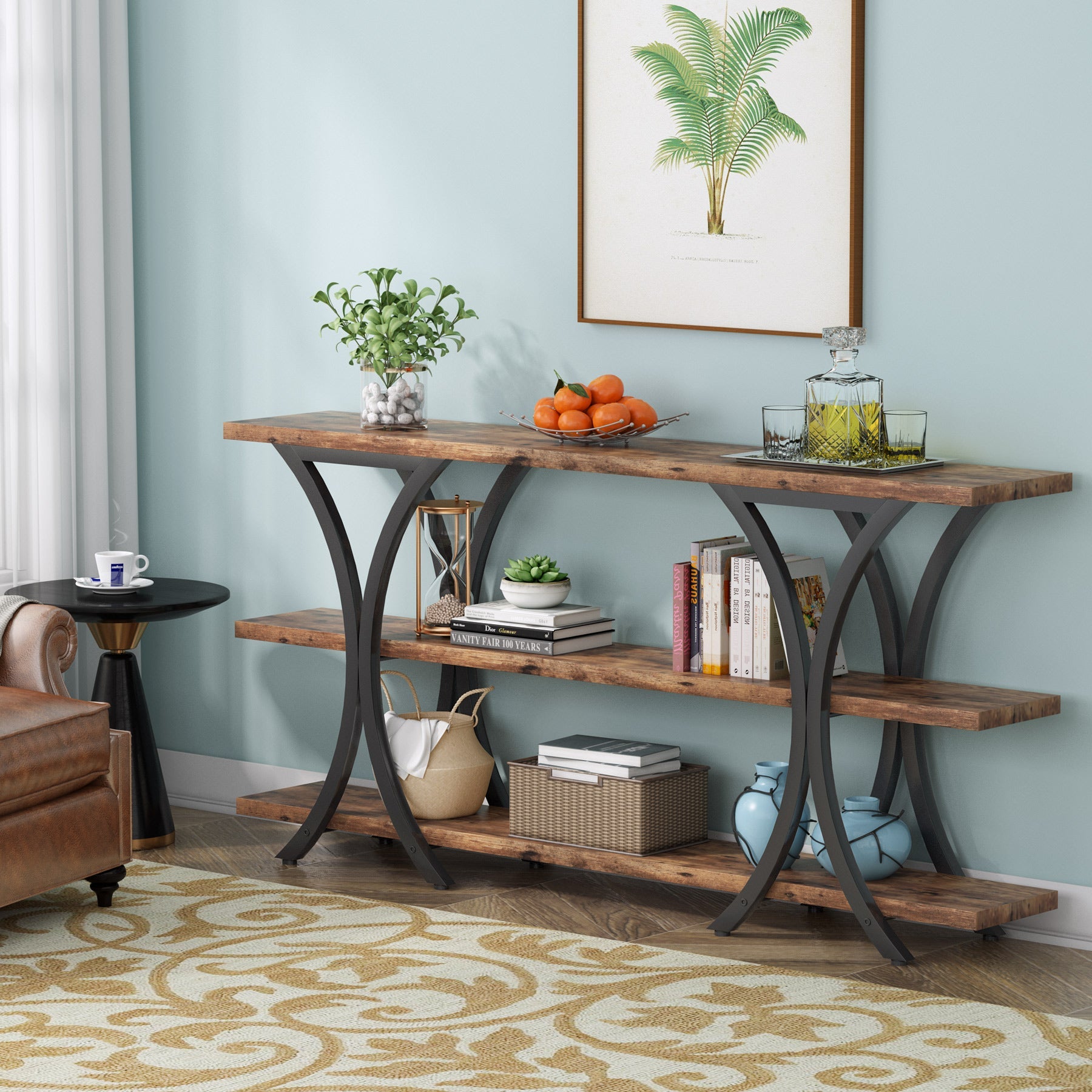 180 cm Console Table, Industrial Entryway Sofa Table with 3-Tier Shelves