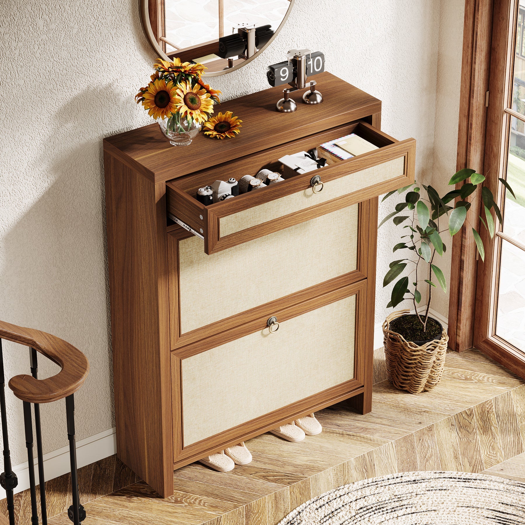 Farmhouse Shoe Cabinet, Slim Shoe Storage Organizer with 2 Flip Drawers (in cm)