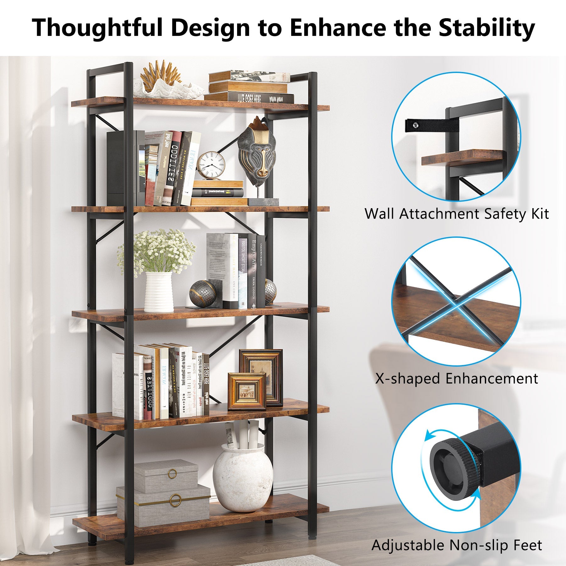 5-Tier Bookshelf, Industrial Etagere Bookcase Display Shelf Unit (cm)