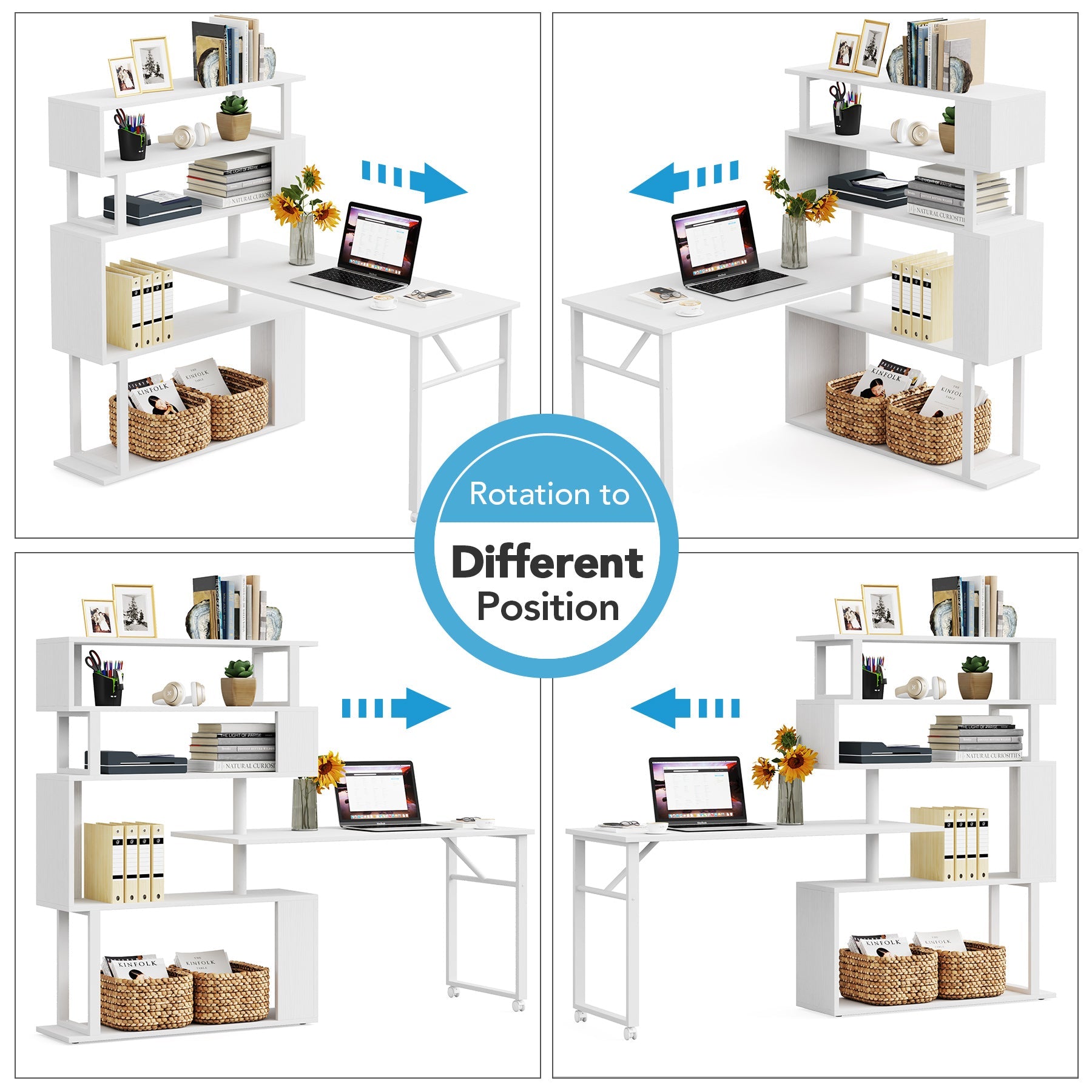 Rotating Desk with 5-Tier Bookshelf, Reversible Computer Desk with Wheels (in cm)