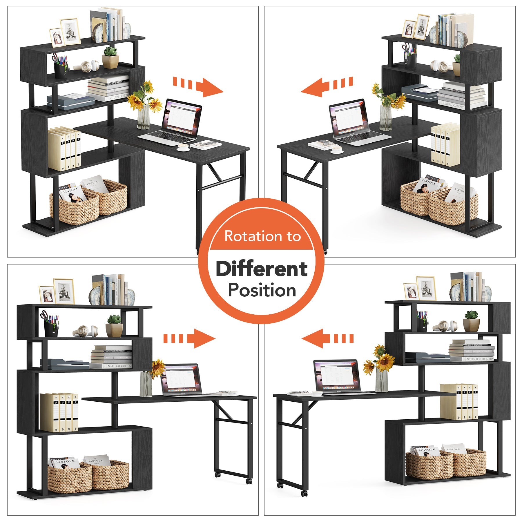 Rotating Desk with 5-Tier Bookshelf, Reversible Computer Desk with Wheels (in cm)