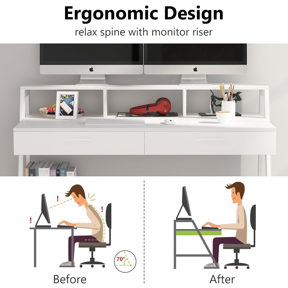 White Computer Desk, 120 cm Writing Desk with Storage Shelf & Drawers