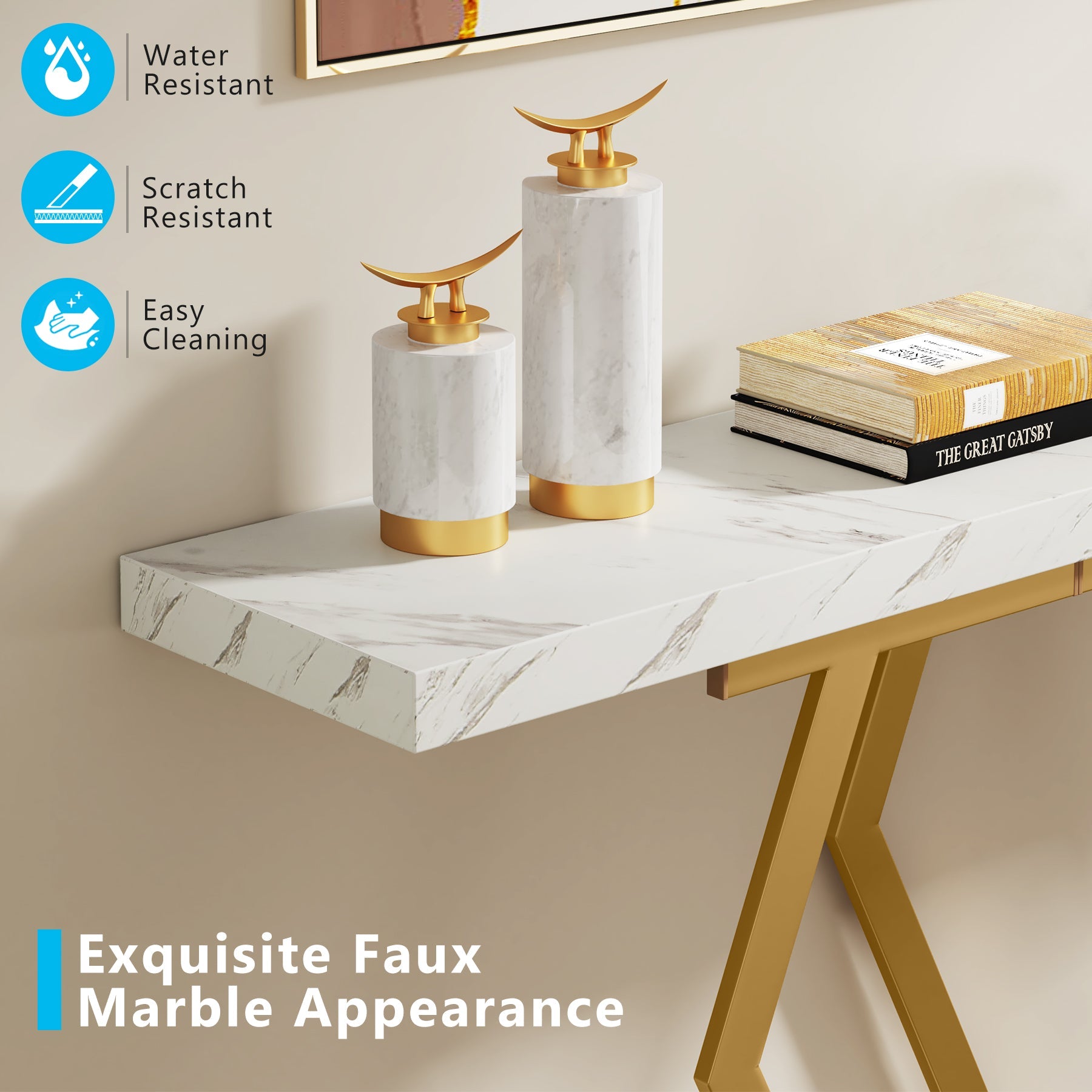 180 cm Console Table, Modern Sofa Table with Faux Marble Tabletop