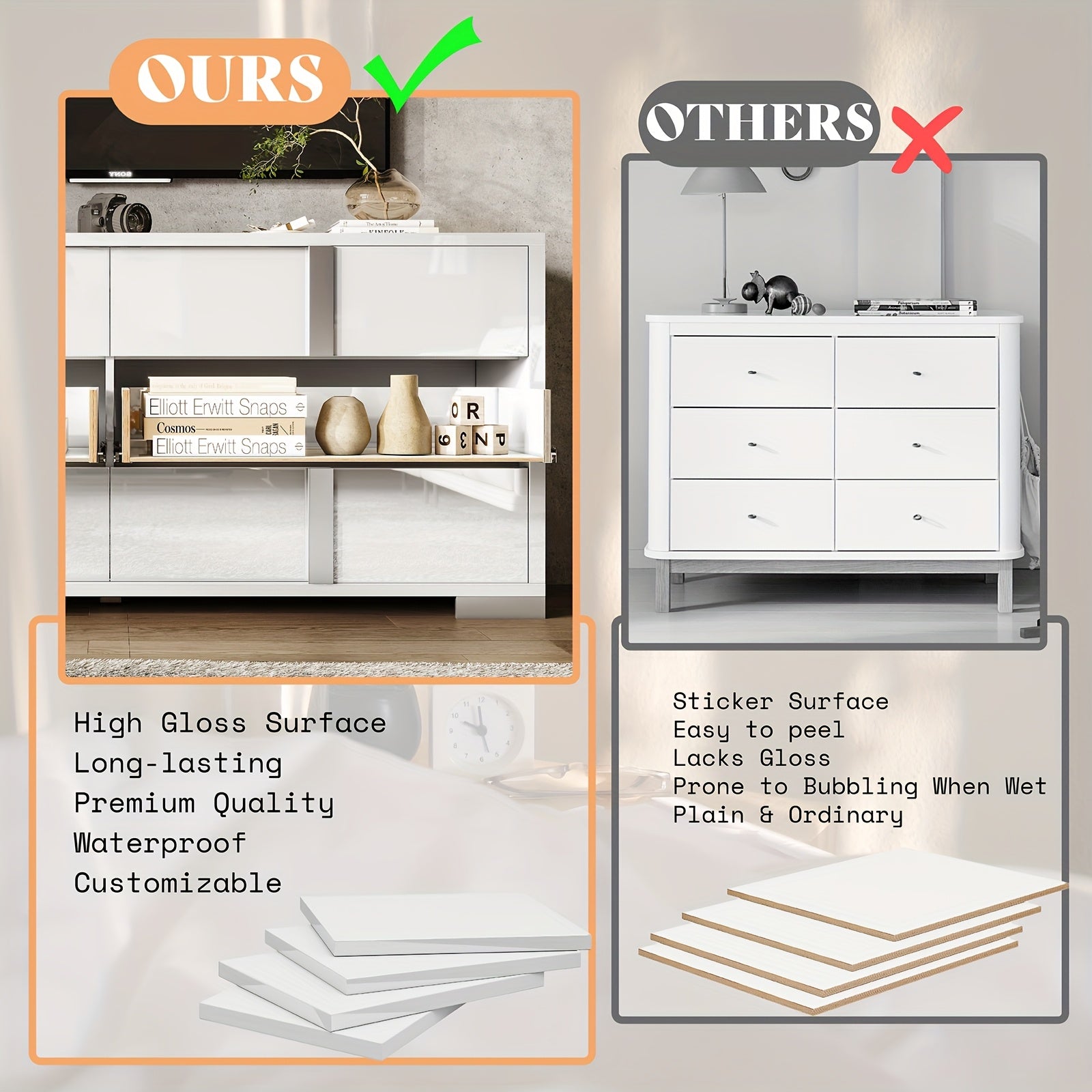 Sleek 138cm High-Gloss White Dresser with Silvery Handles - Spacious 6-Drawer Storage Chest for Bedroom, Closet, or Living Room