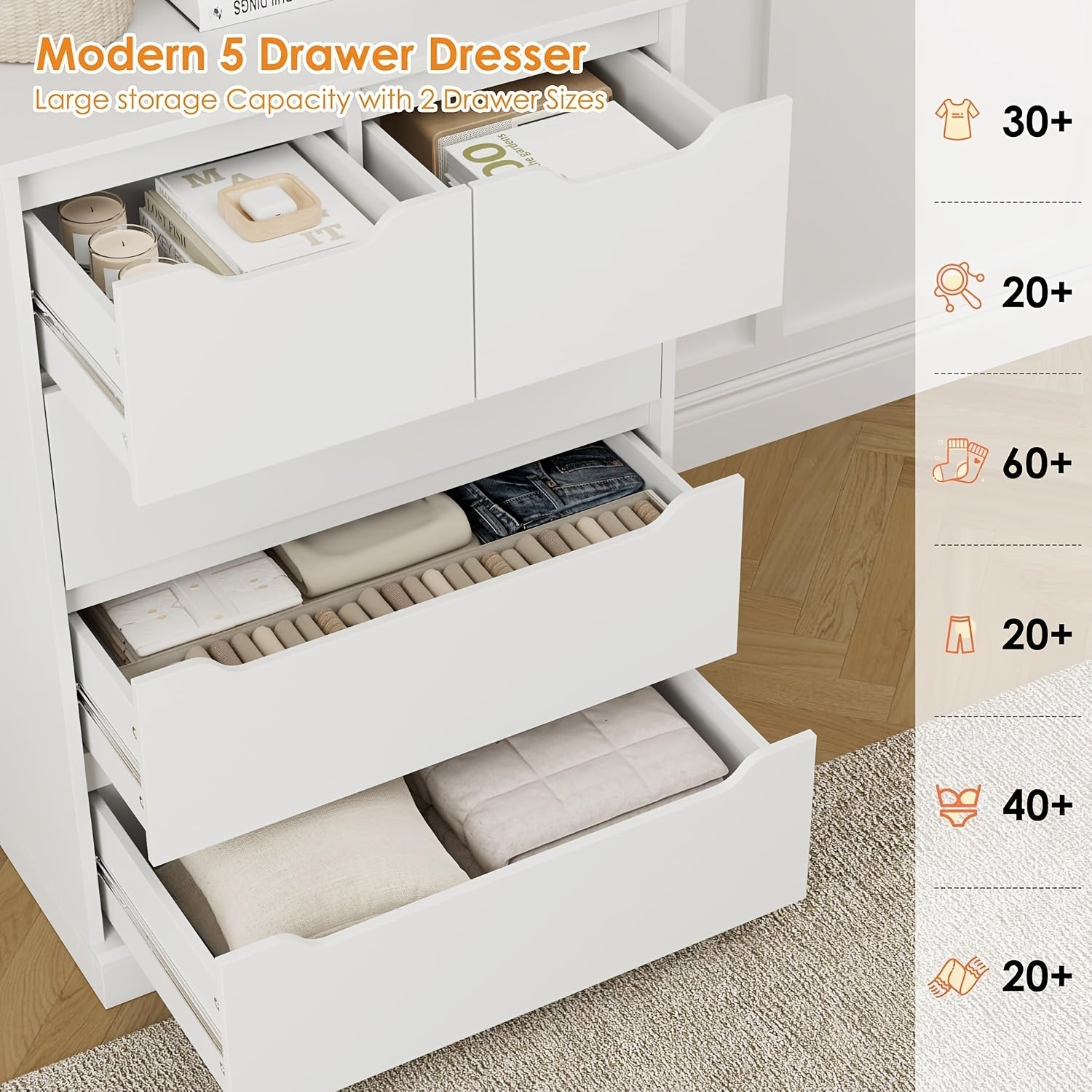 5 Drawer Dresser For Bedroom, Chest Of Drawers With Storage, Storage Chest Organizers With Cut-Out Handles, Accent Storage Cabinet For Living Room, Entryway, Hallway, White