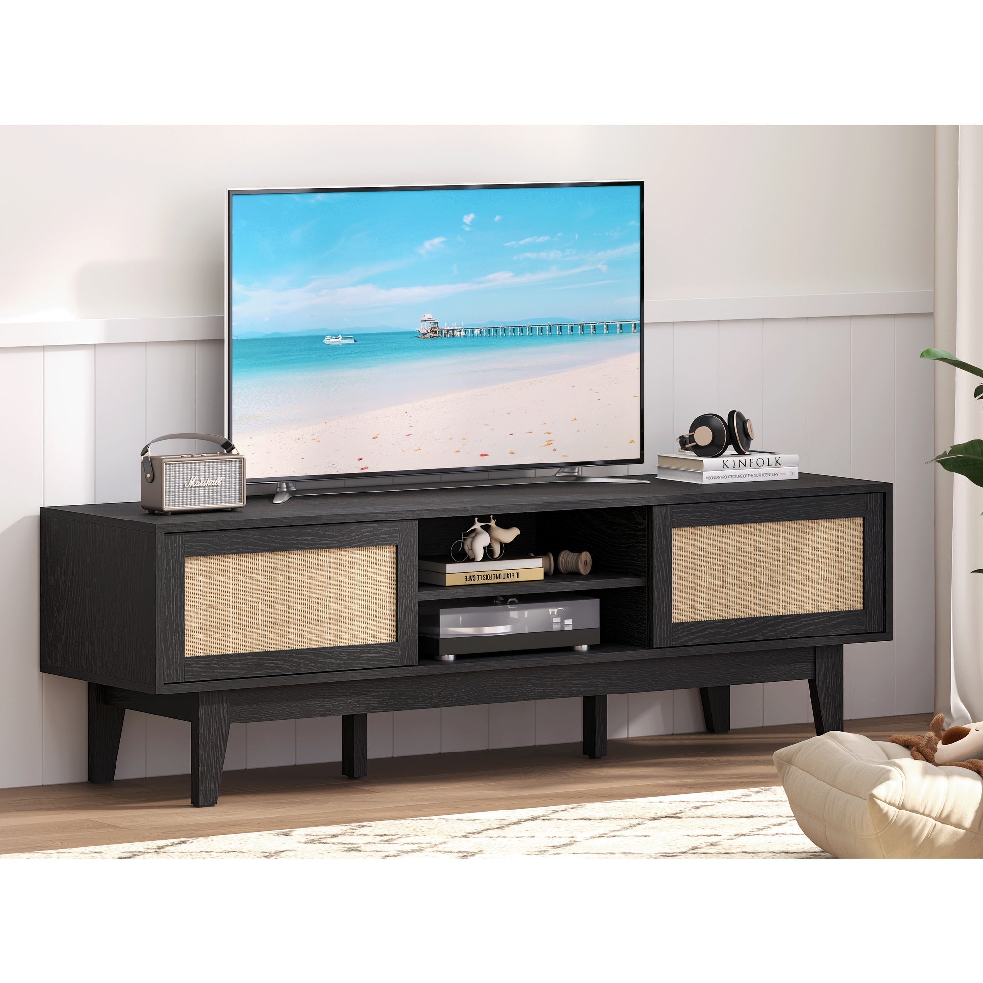 TV Stand for 55/60/65 Inch TV, Farmhouse Entertainment Center with Shelves, Cabinets and Sliding Doors, Rustic TV Media Console Table with Solid Wood Feet & Cord Holes for Living Room, Bedroom