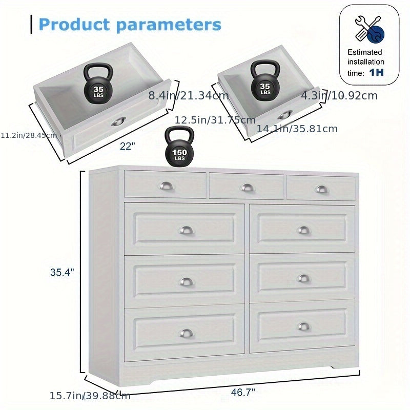 Tall White 9 Drawer Dresser, Wood Vertical Drawer Chest For Bedroom, 52 Inch High Modern Lingerie Dresser For Closet, Living Room, Hallway And Home Office