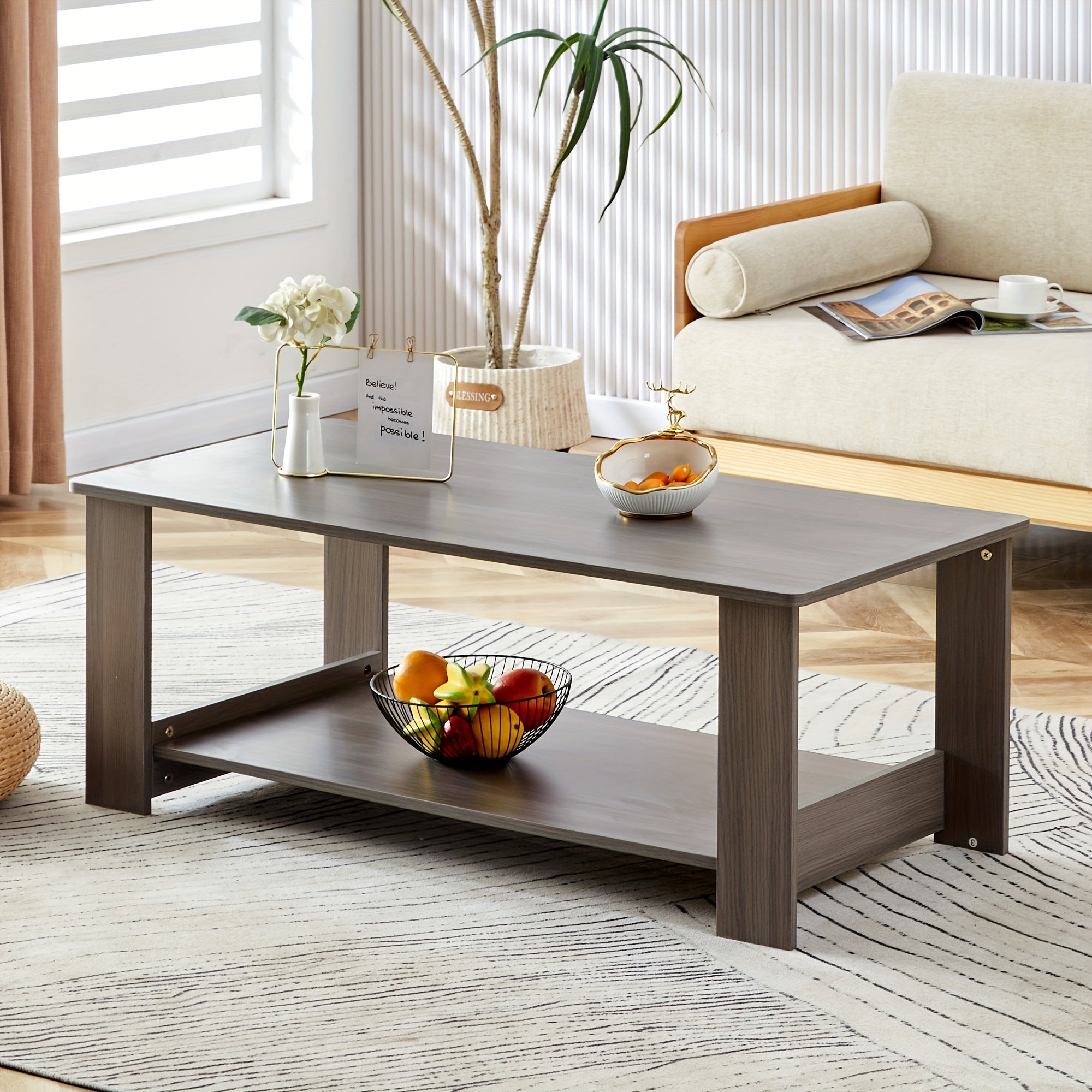 Practical Grey Textured Coffee Table, Simple Installation, Coffee Table. Double Deck Coffee Table For Living Room, Bedroom And Study