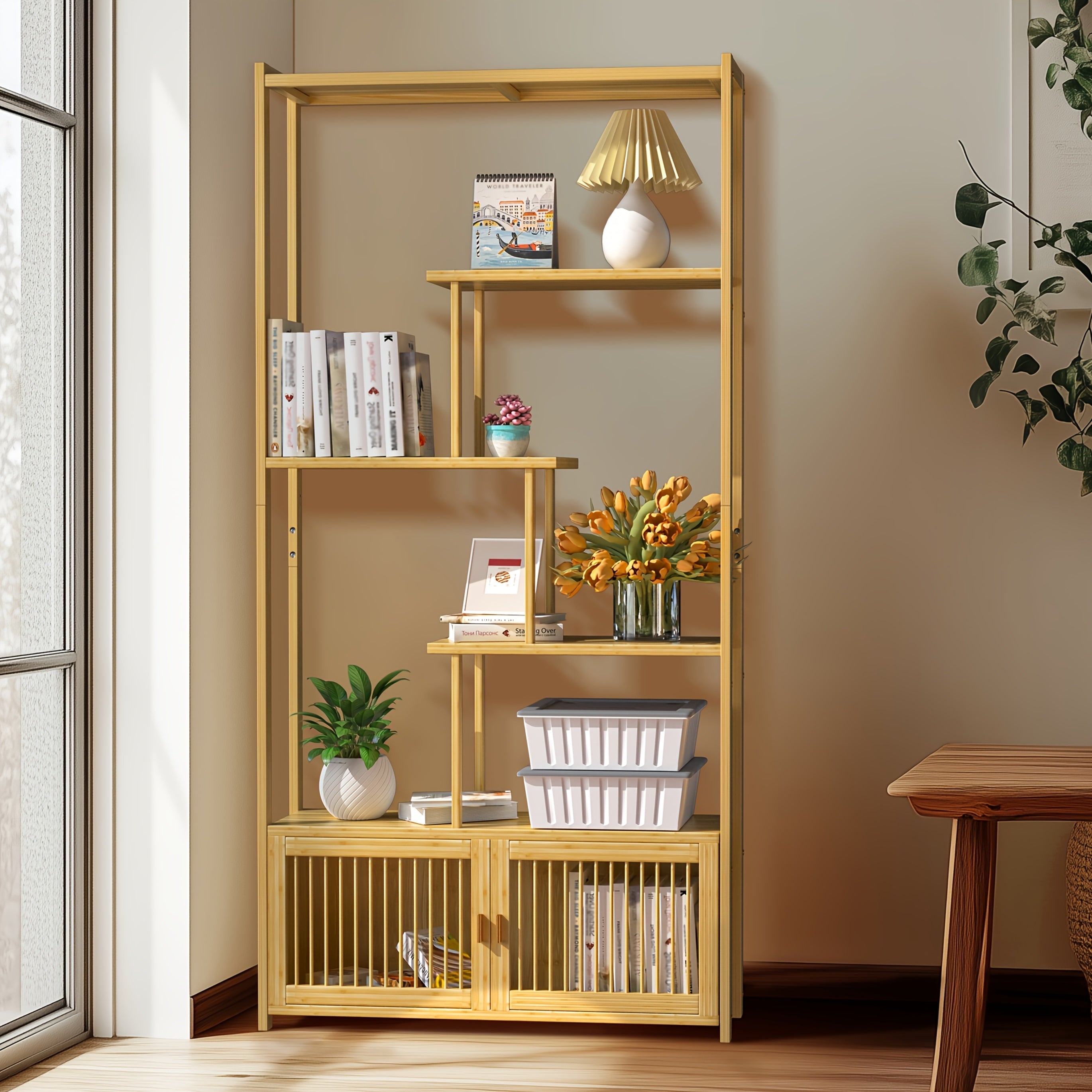 Free Standing Storage Shelf: Bamboo Storage Rack Shelving Unit with High And Low Shelves Bookshelf Plant Stand for Home Organization