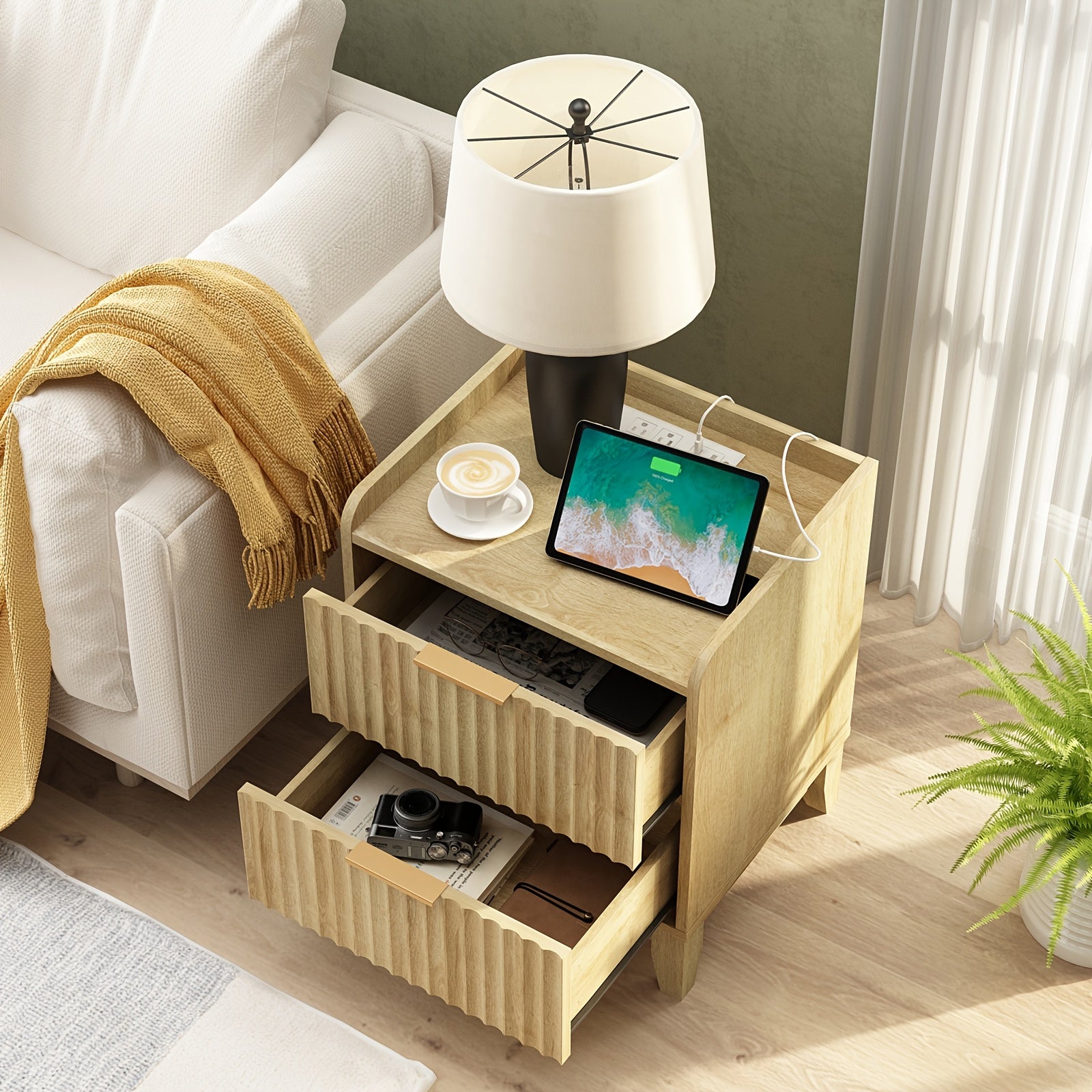 Modern Wood Bedside Table With 2 Drawers And Storage, Farmhouse Fluted Nightstand With Charging Station For Bedroom Or Living Room