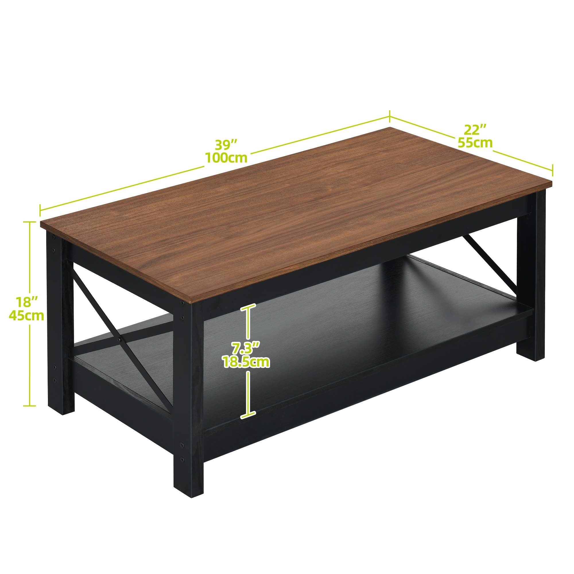 99cm Walnut Wood & Black Coffee Table with Open Storage - Waterproof, Scratch-Resistant, Easy Assembly for Living Room, Home Office, or Sunroom