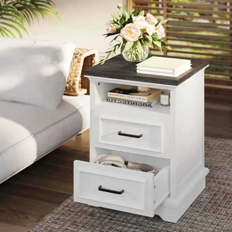 Farmhouse Nightstand with Storage Drawers and Open Shelf Small End Tables for Living Room Rustic Wood Side Tables for Bedroom Roman Column Design White