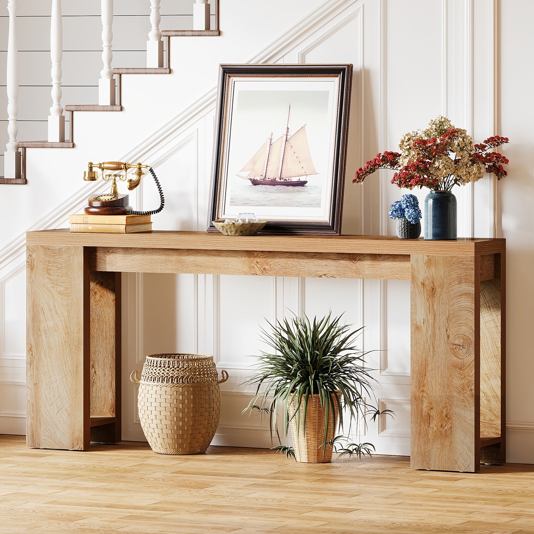 Chic 180 cm Light Oak Brown Console Table - Modern Farmhouse Style, Space-Saving Design with Ample Storage & Display Space for Entryway, Living Room, Hallway - Features Natural Wood Grain & Minimalist Elegance, Home Decor