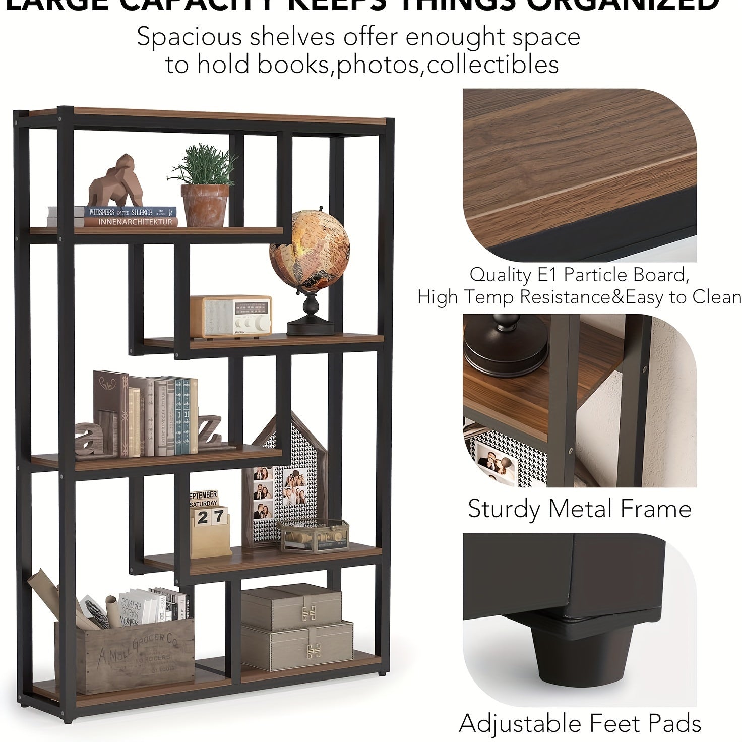 175cm Tall Bookshelf Staggered 6-Shelf Units, Dark Walnut & Black Finish