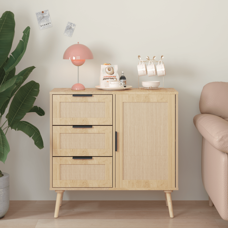 Modern Rattan Wood Dresser Wood Storage Cabinet Sideboard for Bedroom, Living Room, Entryway, Hallway, Storage Drawer Units