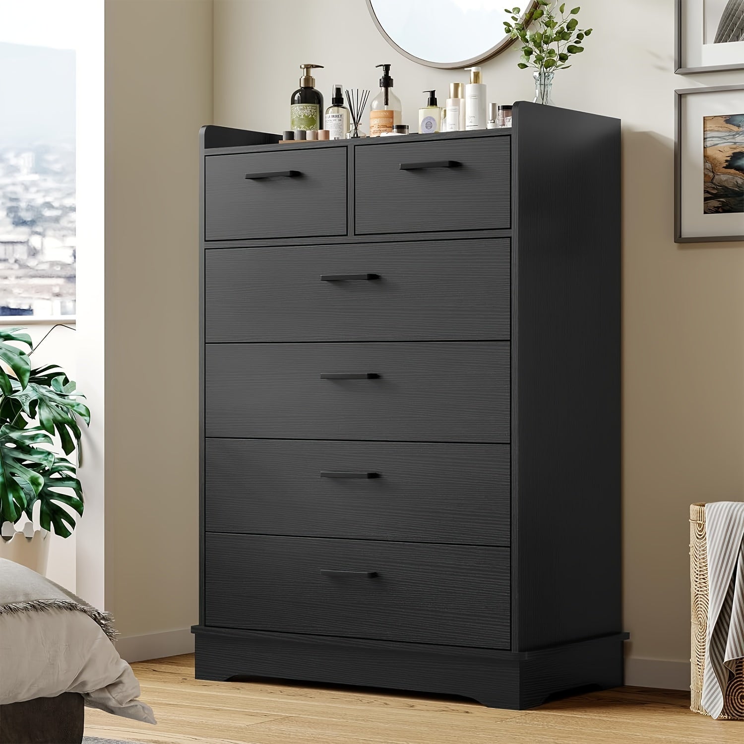 Black 6 Drawer Dresser Modern Chest of Drawers Storage Organizer for Bedroom Living Room