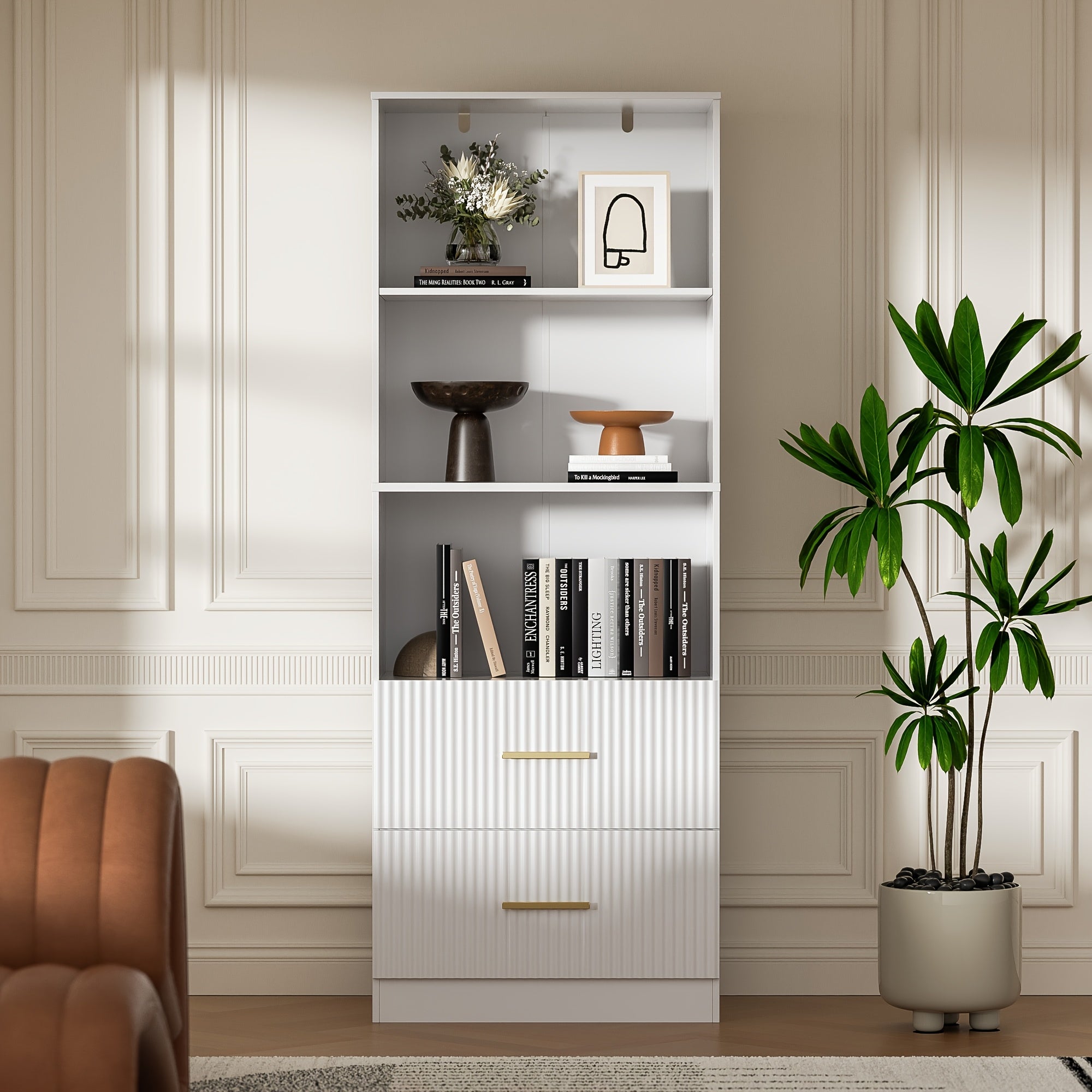 160cm tall bookshelf with 2 drawers, 3-layer modern bookshelf with adjustable shelves, corner open cube shelf, floor display bookshelf, suitable for living room, bedroom, office, white/black/rubber