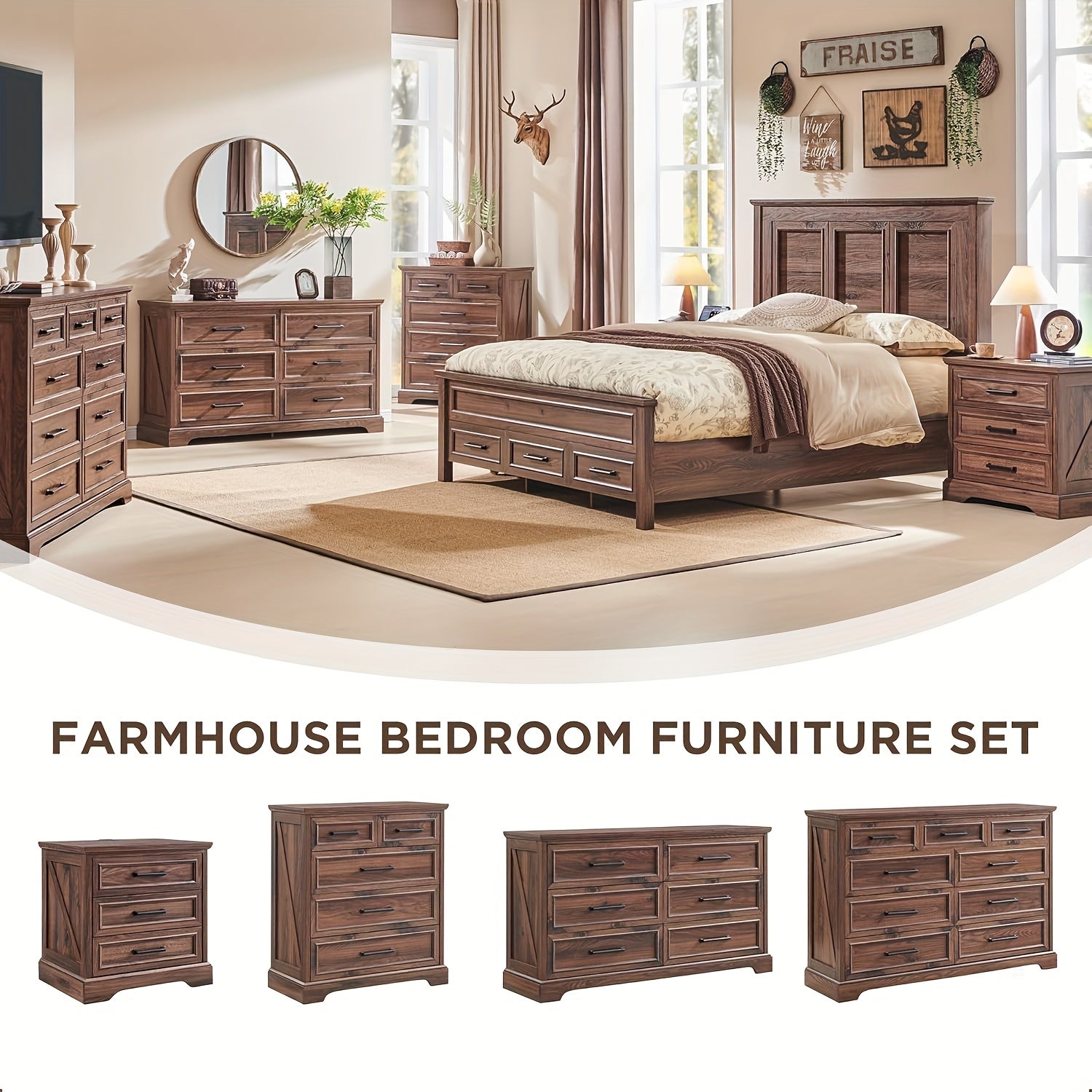 Farmhouse 9 Drawer Dresser For Bedroom, 36 Inch Tall Modern Dresser TV Stand With Large Drawers & Bar Handles, Rustic Wood Dresser Chest Of Drawers For Bedroom, Living Room, Hallway