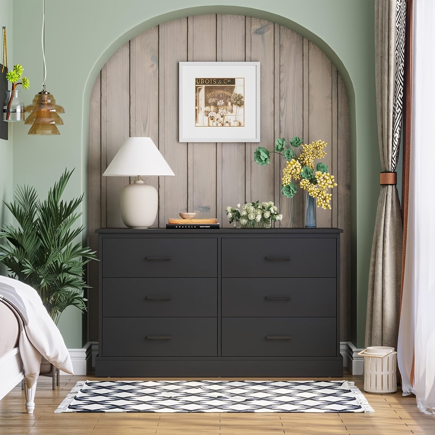 Black Double Dresser with 6 Drawers, Modern Large Chest of 6 Drawers Storage Cabinet for Bedroom Hallway