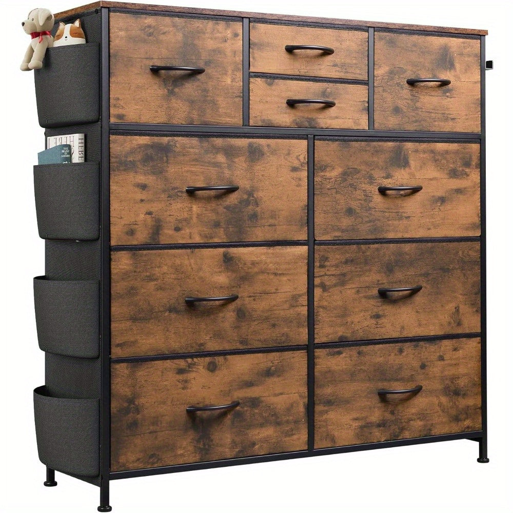 Dresser for Bedroom with 10 Drawers, Fabric Dresser Chest of Drawers with Side Pockets and Hooks, Sturdy Metal Frame, Drawers Organizer Unit for Room, Hallway, Rustic Brown Wood Grain Print