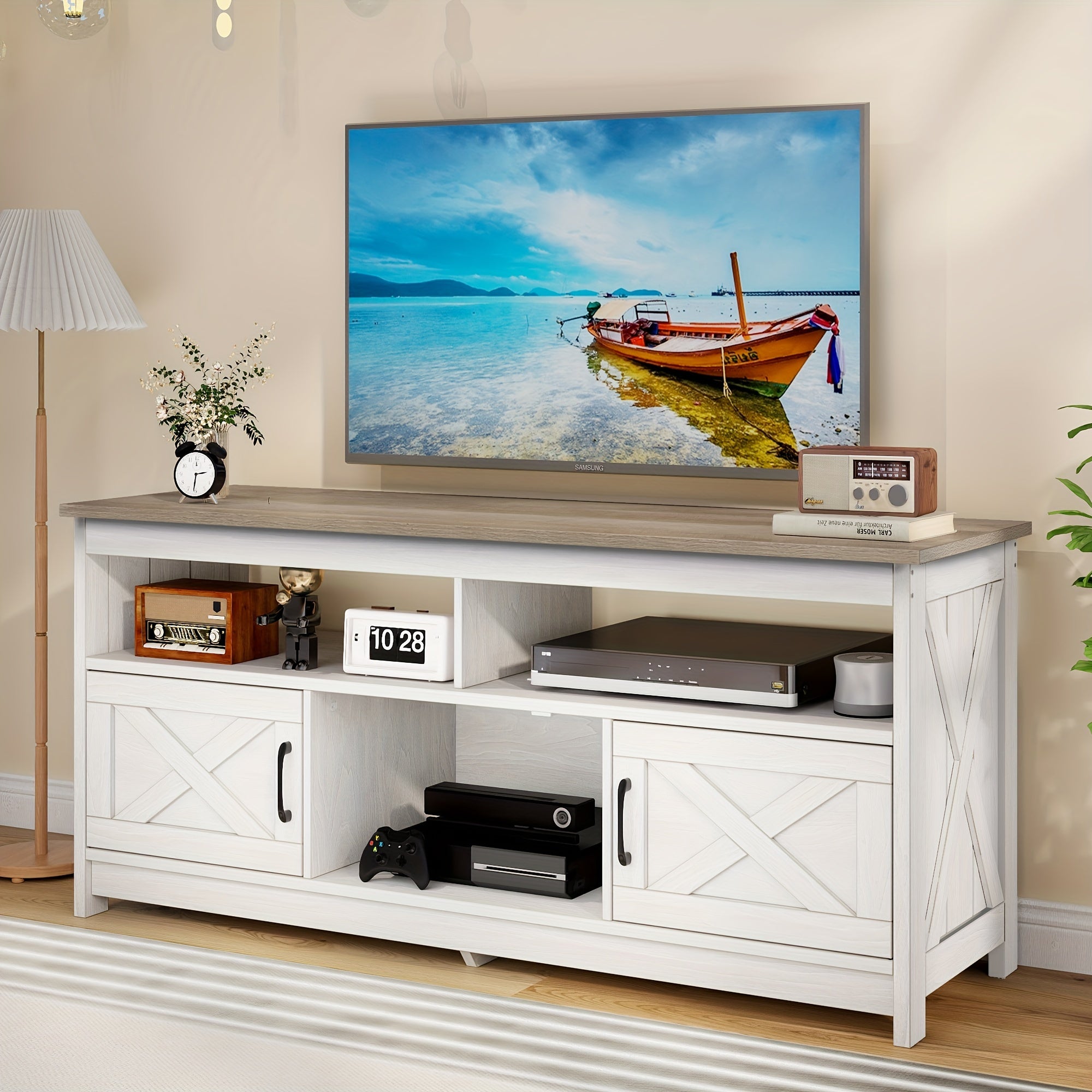 Farmhouse TV Console with Power Outlet, Media Cabinet with Shelves for Living Room, Black and White