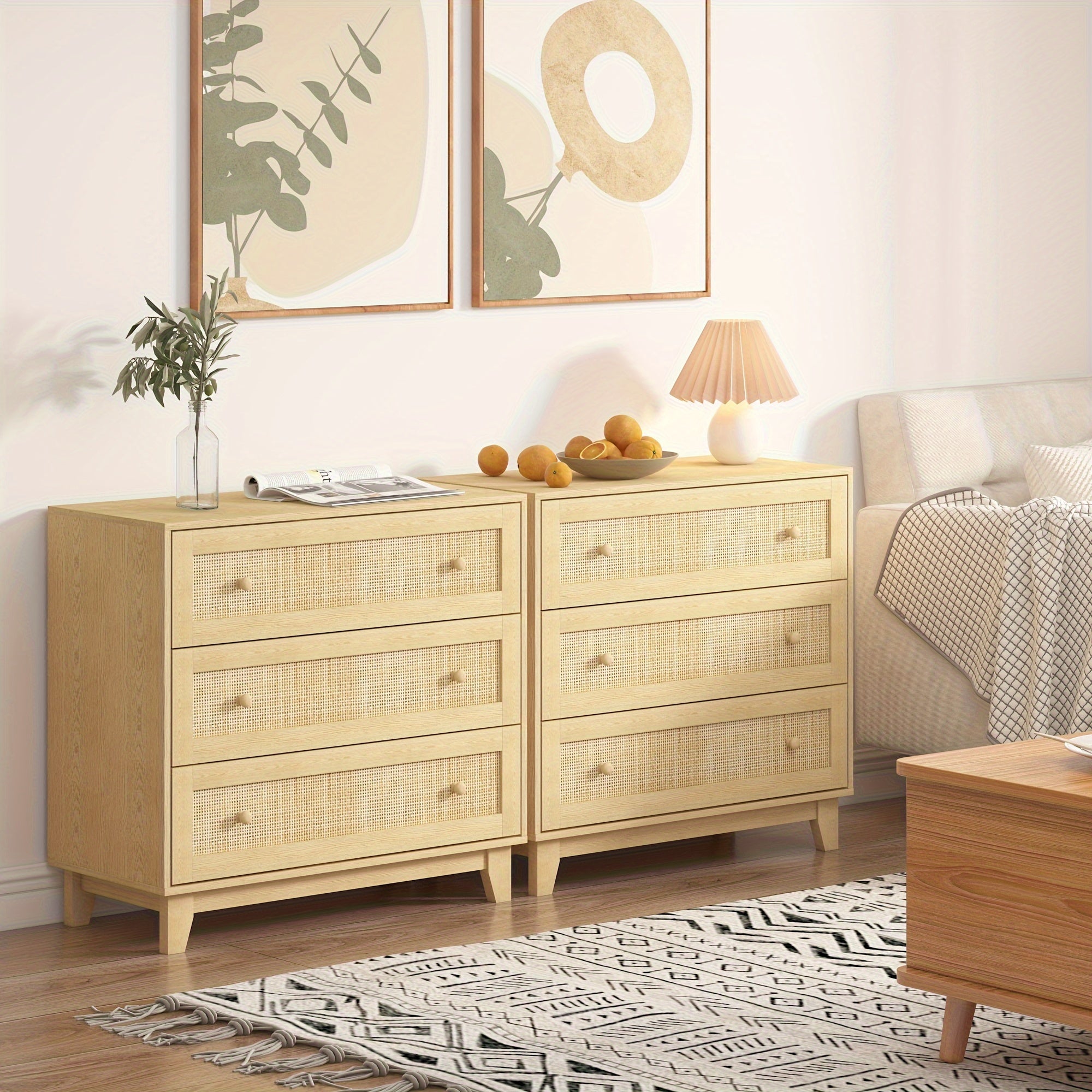 Rattan Dresser with 3 Drawers, Storage Organizer with Drawers, Natural Wooden Dresser, Boho Nightstand, Modern Chests of Drawers for Bedroom, Living Room, Entryway, Hallway