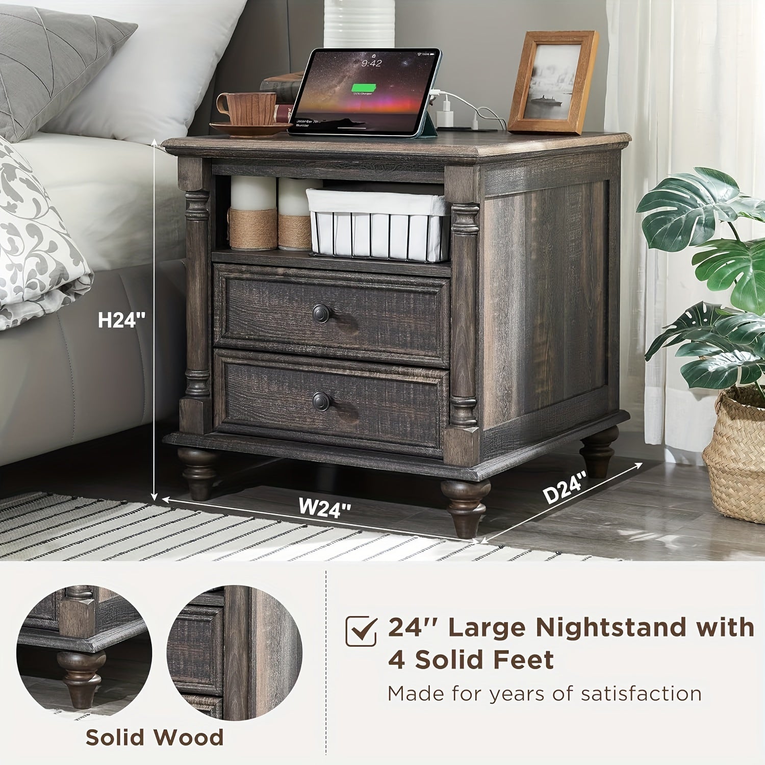 60cm Farmhouse End Table W/4 Solid Wood Feet, Large 2 Drawers Wide Sofa Side Table With Charging Station, Tall Rustic Wood Square Nightstand For Living Room, Bedroom, Office