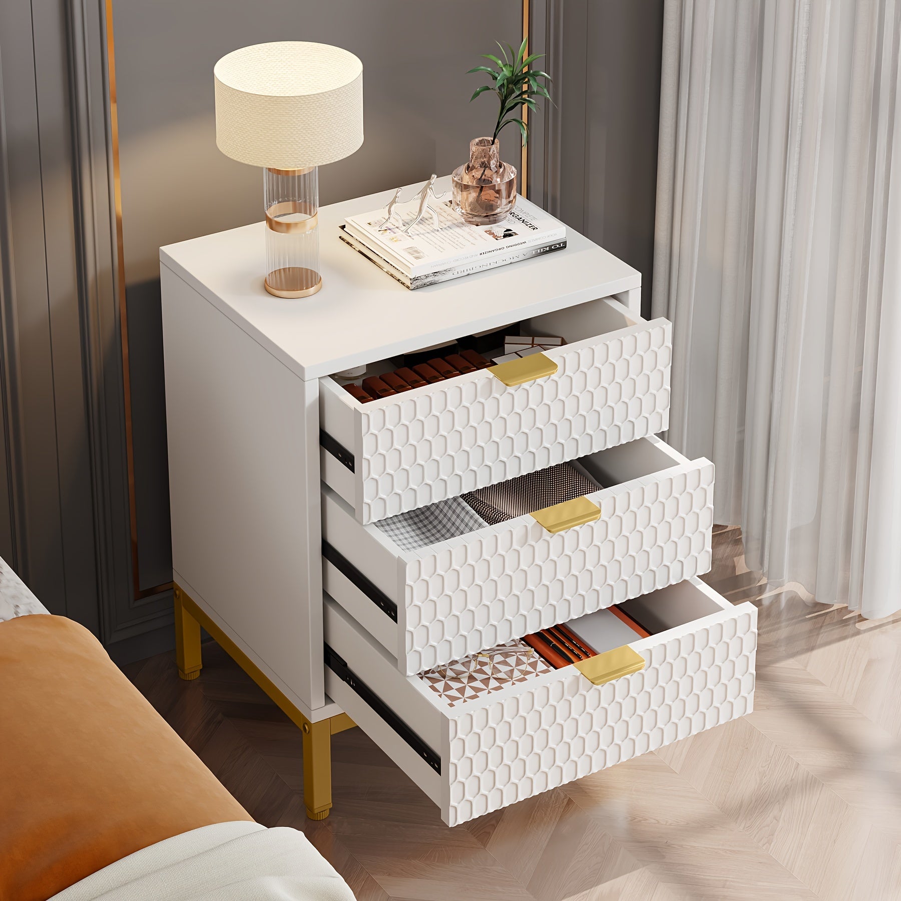 Modern 3 Drawers Nightstand Golden White Bedside Chair Side End Table With Storage For Living Room