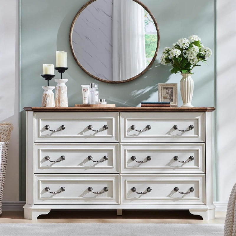 Charming Rustic Farmhouse 6-Drawer Dresser - 54" Wide, Antique White with Natural Wood Grain Finish, Beveled Edges for Safety & Style, Spacious Storage Organizer for Bedroom and Living Room