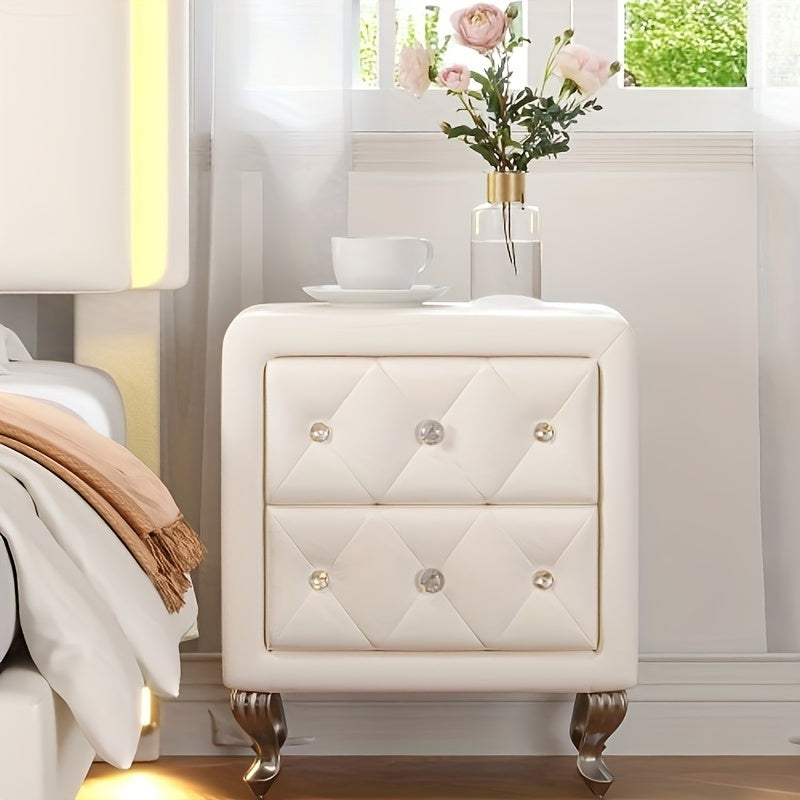 Elegant PU Nightstand With 2 Drawers And Crystal Handle, Fully Assembled Except Legs&Handles, Storage Bedside Table With Metal Legs - White