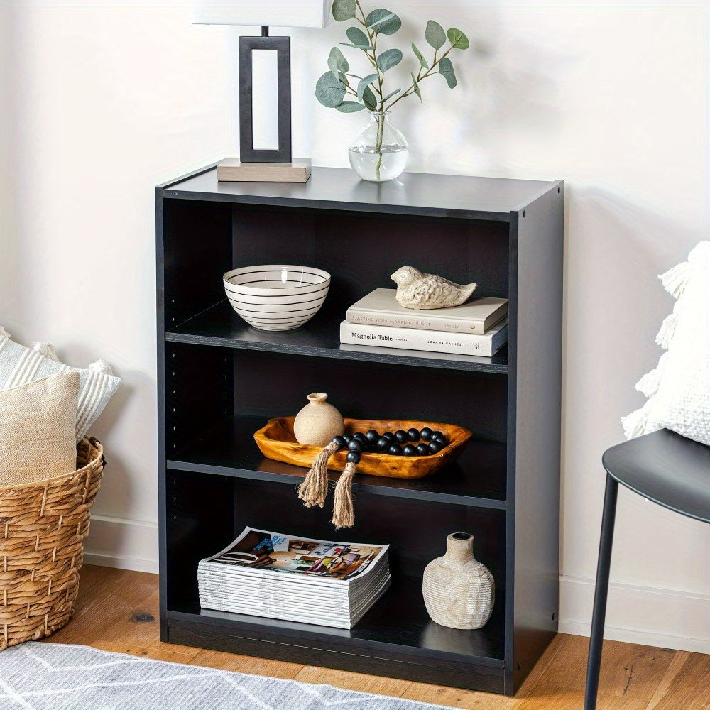 3-Tier Black Oak Wood Bookcase with Adjustable Shelves - Perfect for Home Office