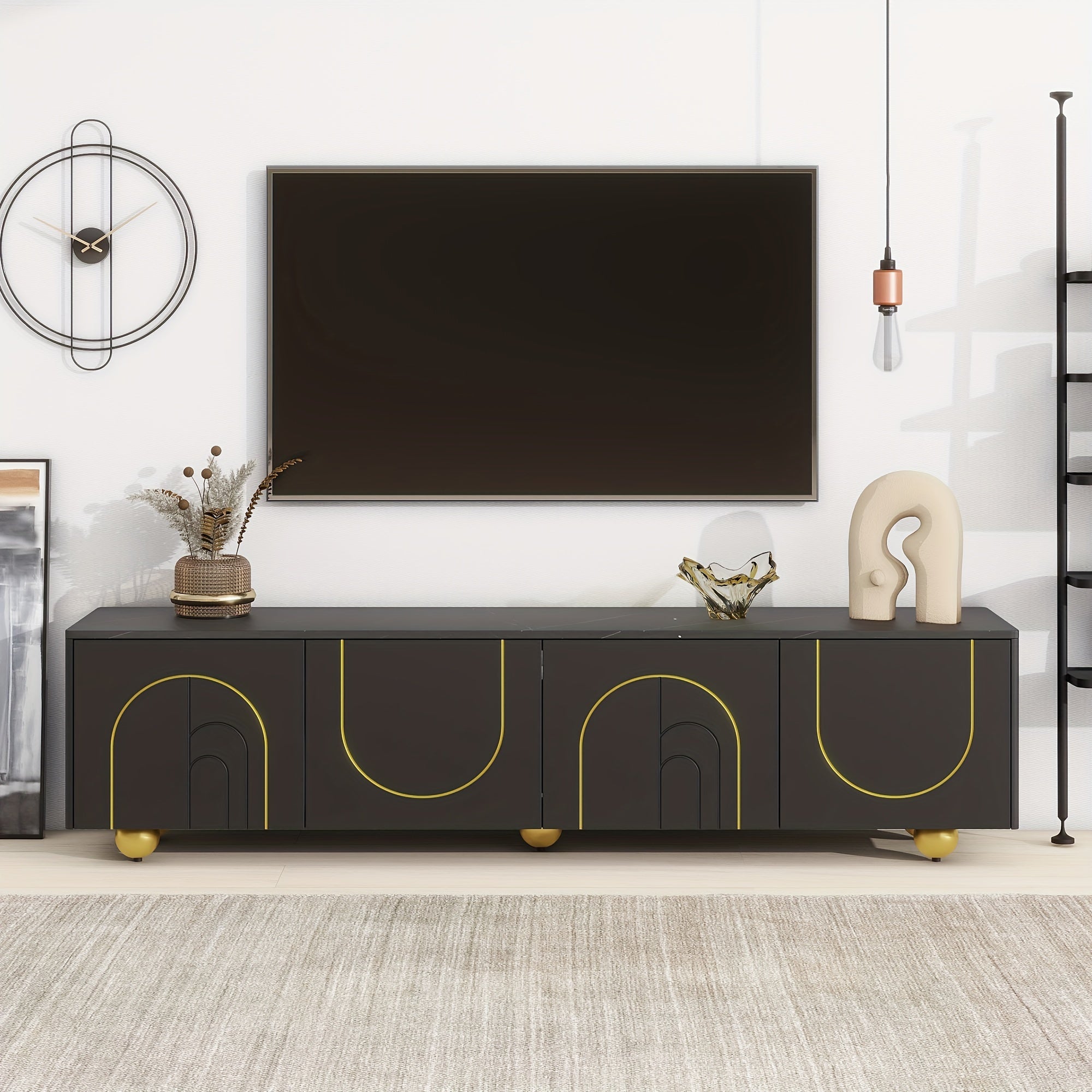 Modern TV Stand - Fits Up to 75" TVs, Marble Top & Golden Legs, Adjustable Shelf, Storage Cabinets Included - Perfect for Living Room Entertainment Center