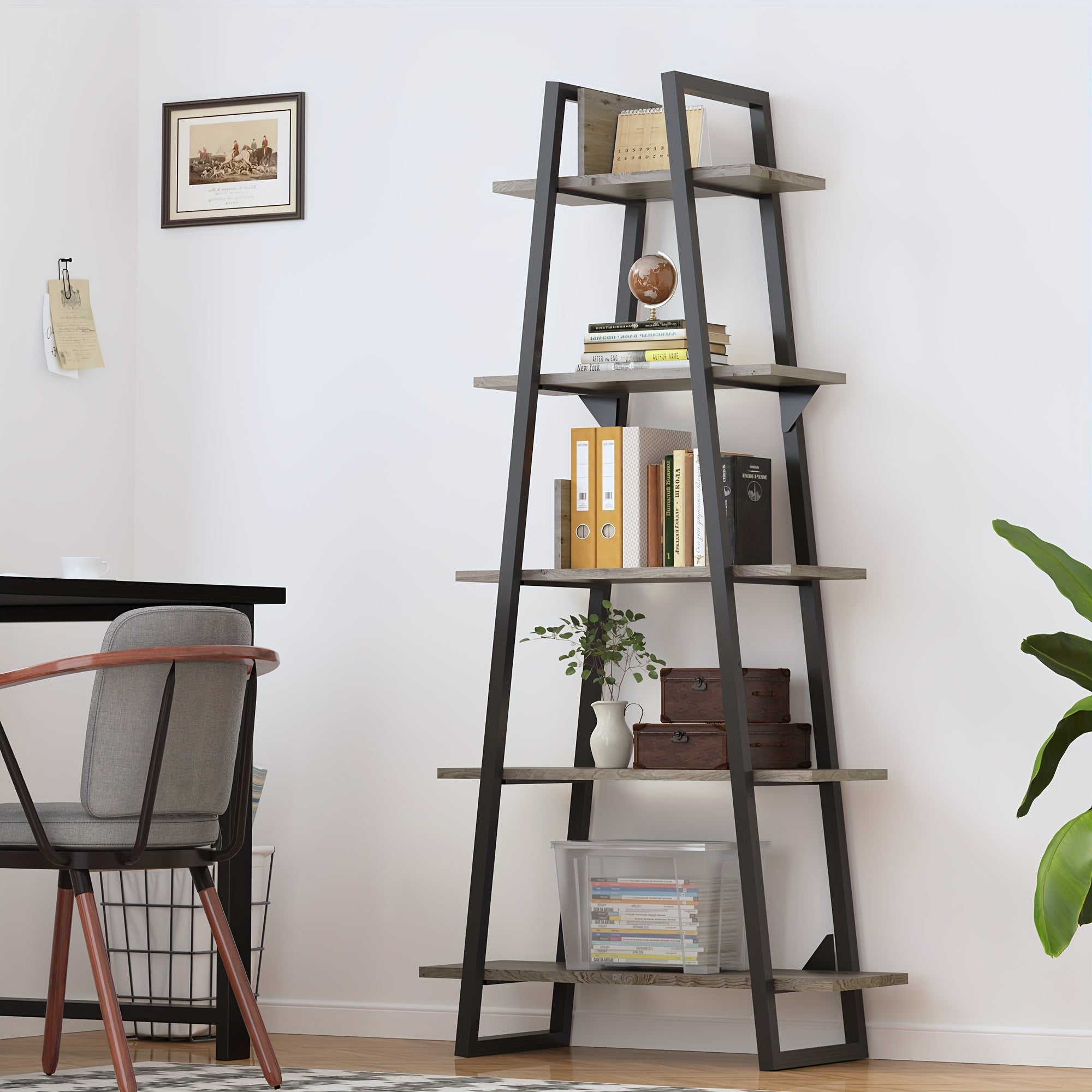 Bookshelf 5 Tier Industrial Wood, Tall Open Rustic Etagere Bookcase Ladder, Standing Display Shelves For Home Living Room Bedroom Office Storage, Rustic Oak