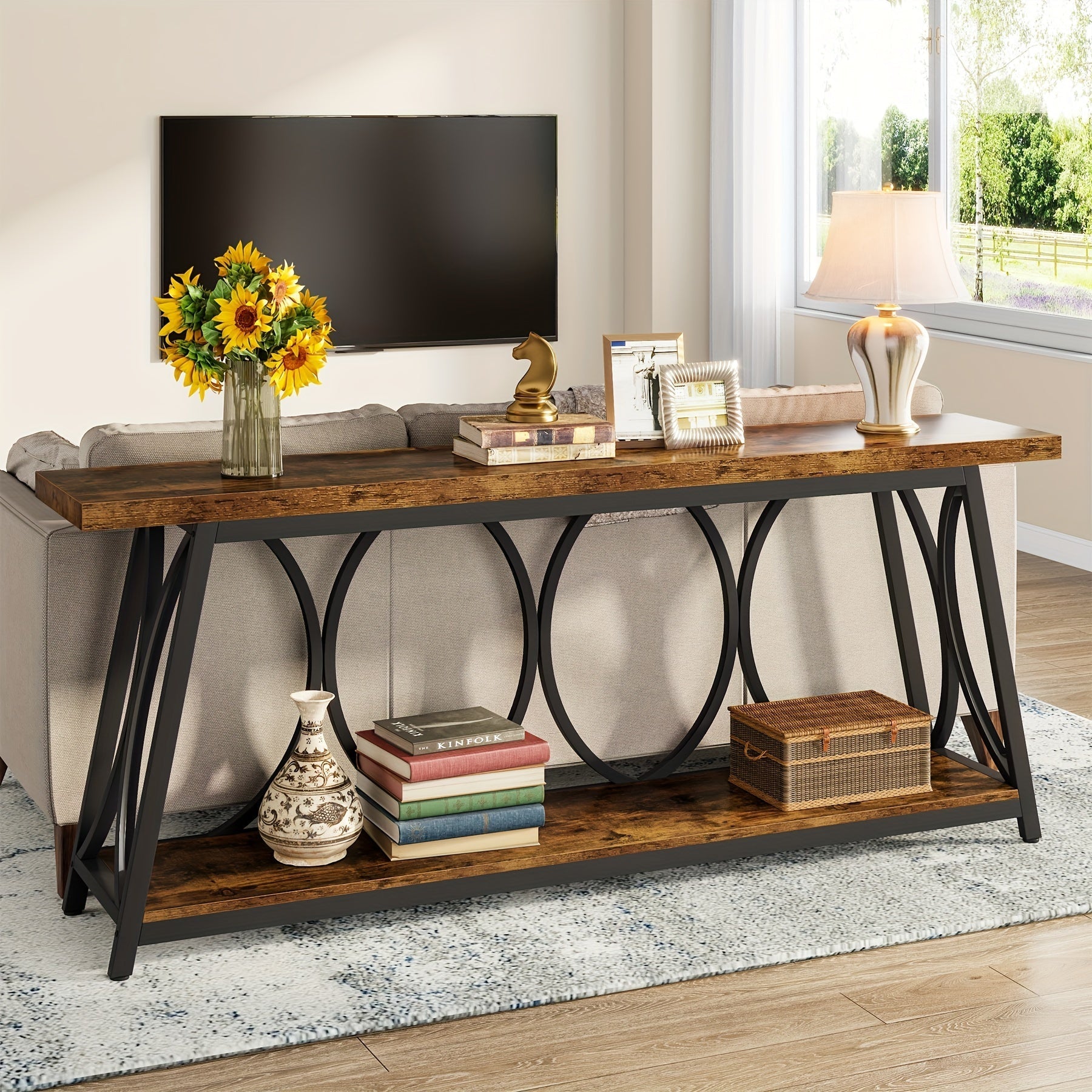 180 cm Extra Long Console Table: Industrial Sofa Table with 2-Tier Storage Shelf for Behind Couch, Narrow Entryway Hallway Accent Table for Living Room