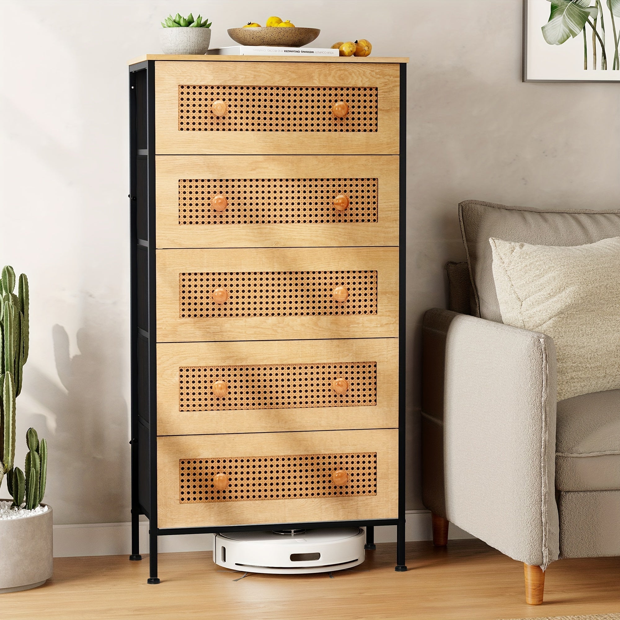 Dresser for Bedroom, Storage Drawers, Rattan Dresser Storage Tower with 5 Drawers, Chest of Drawers with Fabric Bins, for Kid room, Closet, Entryway, Nursery