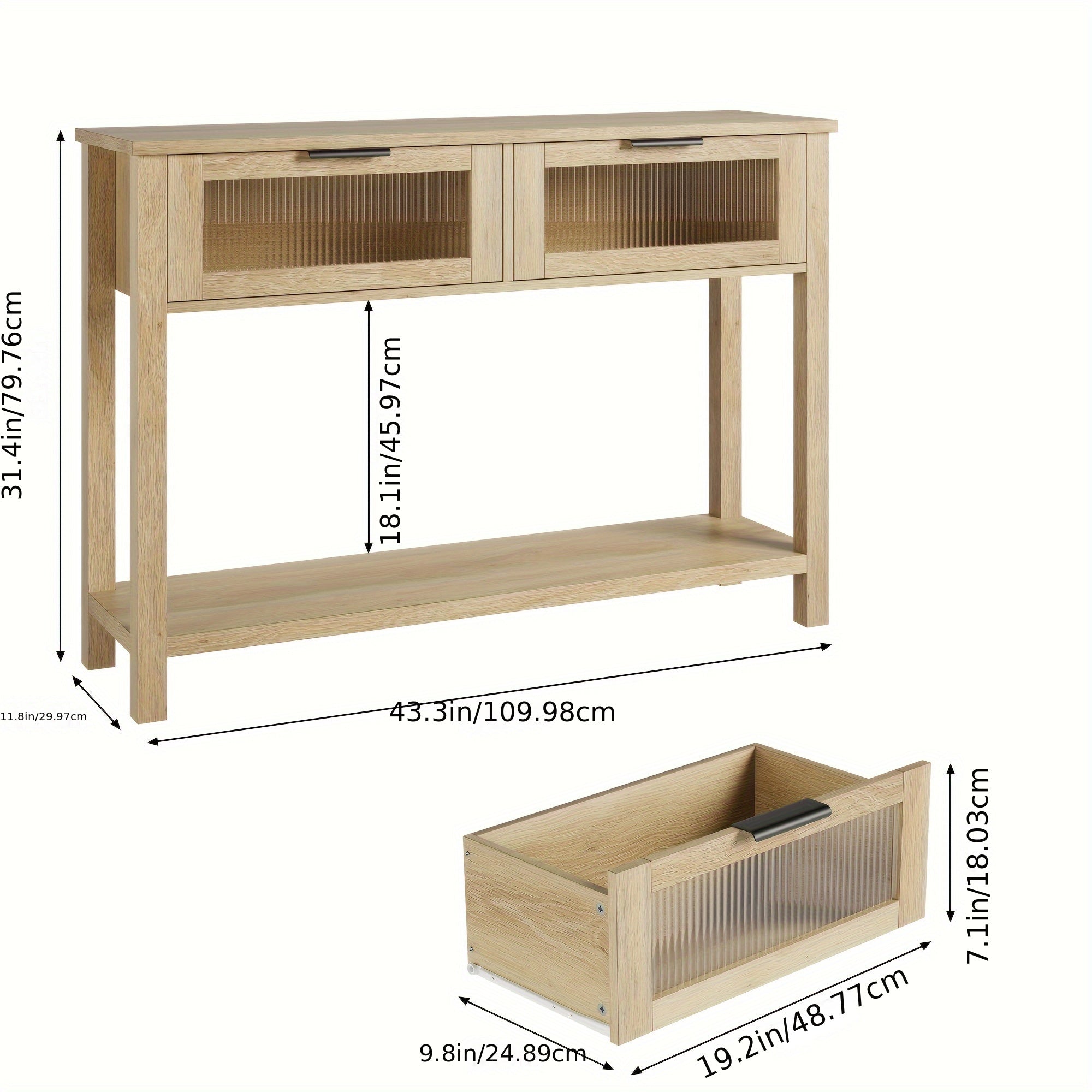 Entryway Table, Wood Console Table with 2 Glass Drawers, 2-Tier Sofa Table with Storage for Living Room, Foyer Tables for Entryway (in cm)