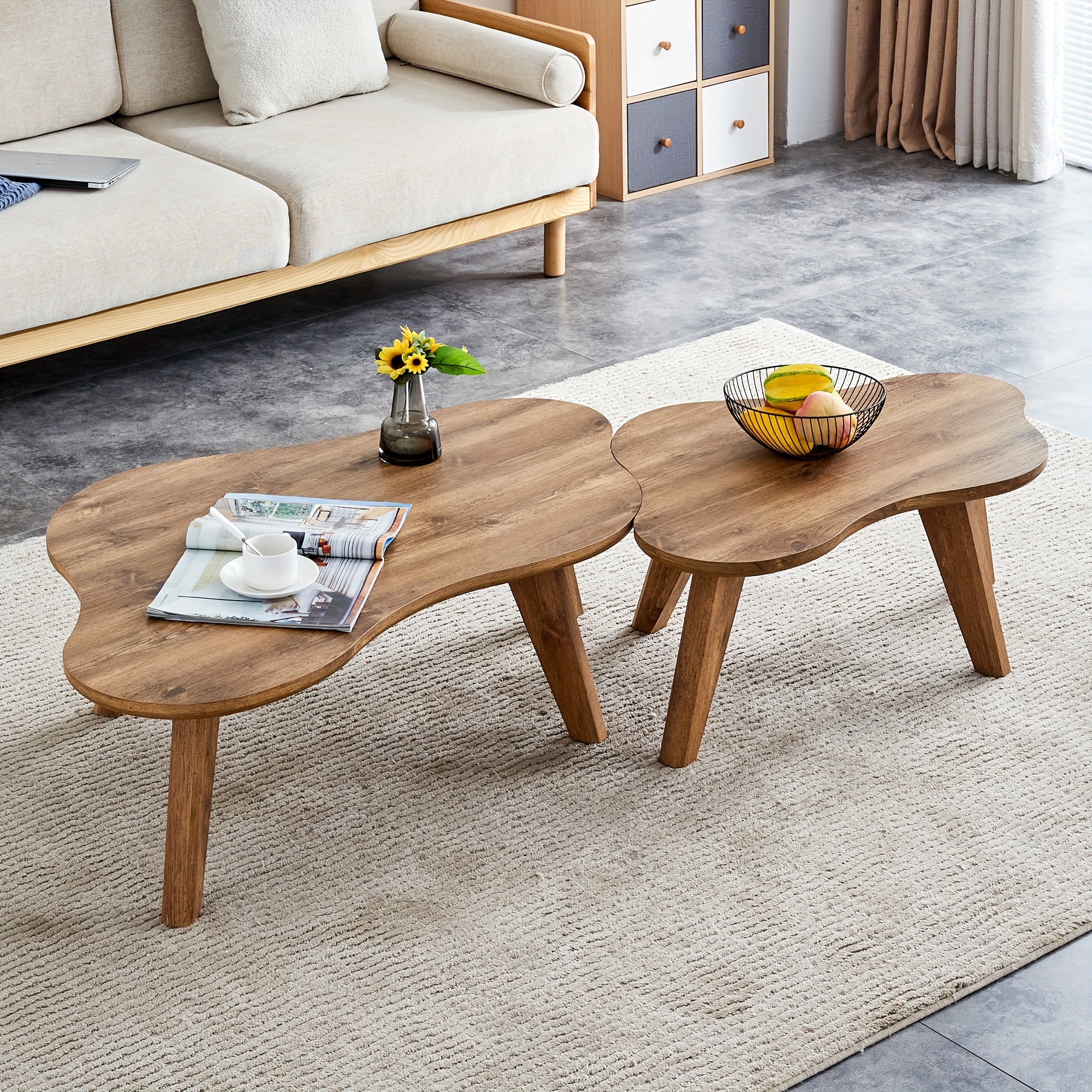 Modern Minimalist Wood Color Table Top Coffee Table. Log Style Coffee Table.Cloud Shape Gives You A New Experience, Computer Desk. The Game Table. Suitable For Dining And Living Rooms (Set Of 2)