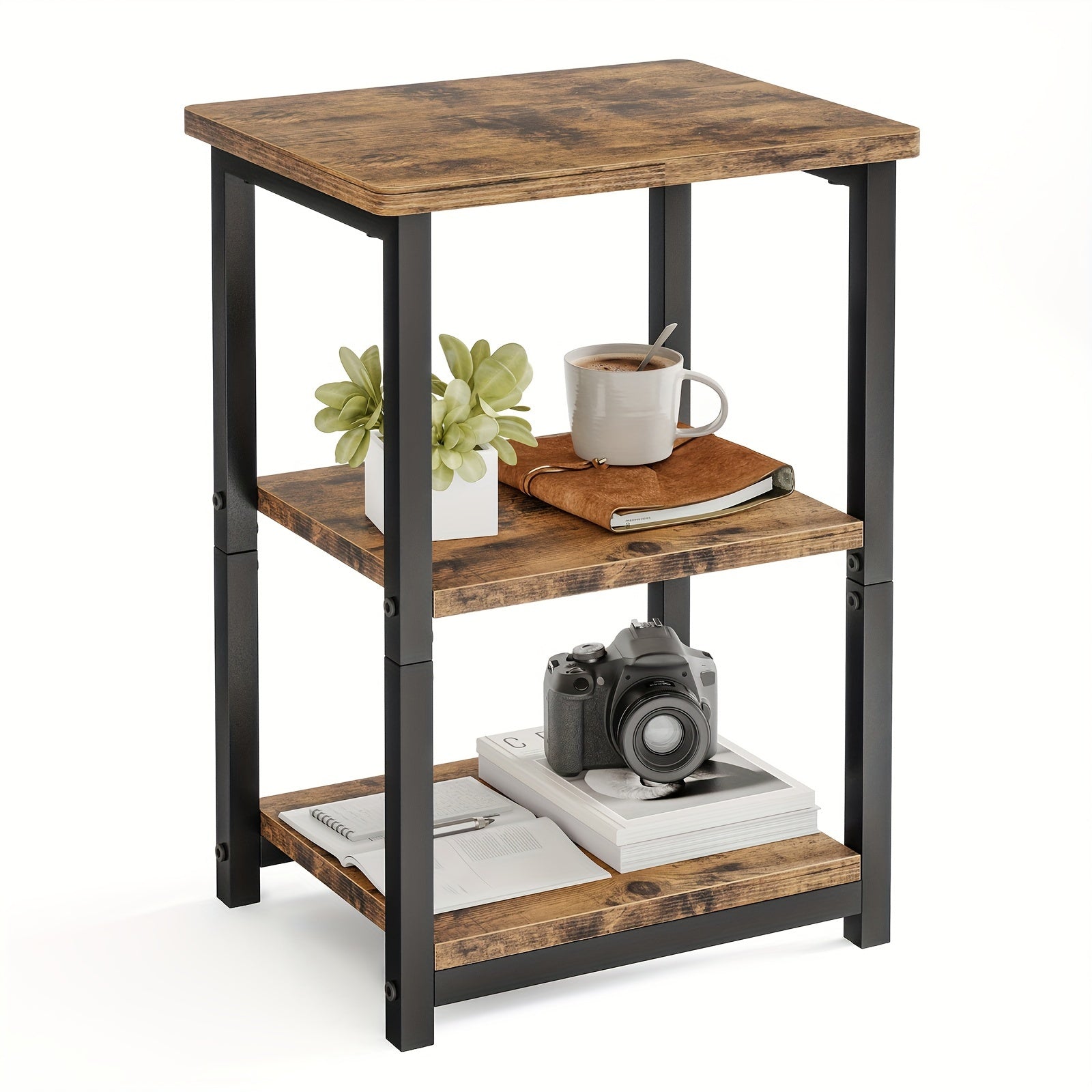 1pc 3-Tier Side Table, Rustic Brown And Black Small End Table, Sofa Table, Nightstand, Home Decor, For Coffee, Snack, Laptop, Bedroom, Living Room, Office, Christmas, Fall And Winter, 13.4×11.8×22.8 Inches.