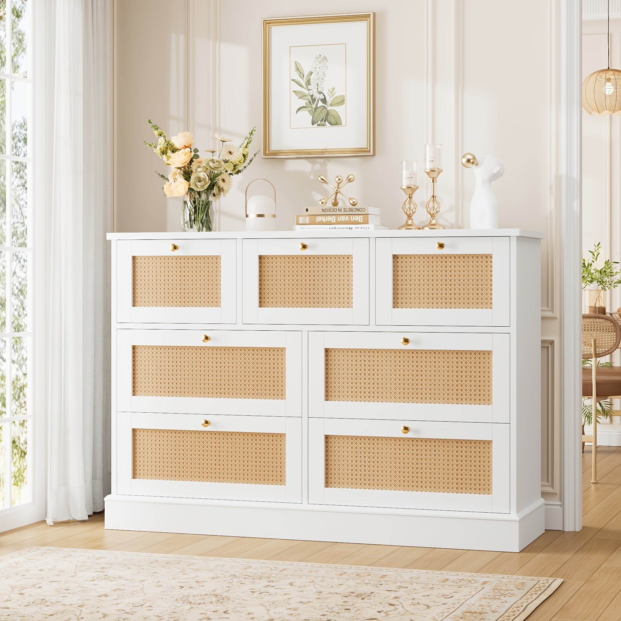 1pc Modern White Rattan Dresser with 7 Drawers - Wall Mount, No Wood, Electricity-Free, Spacious Closed Storage <3.2 Cubic Feet, Sturdy Over 27" Height, Golden Handles, Bedroom Storage Chest