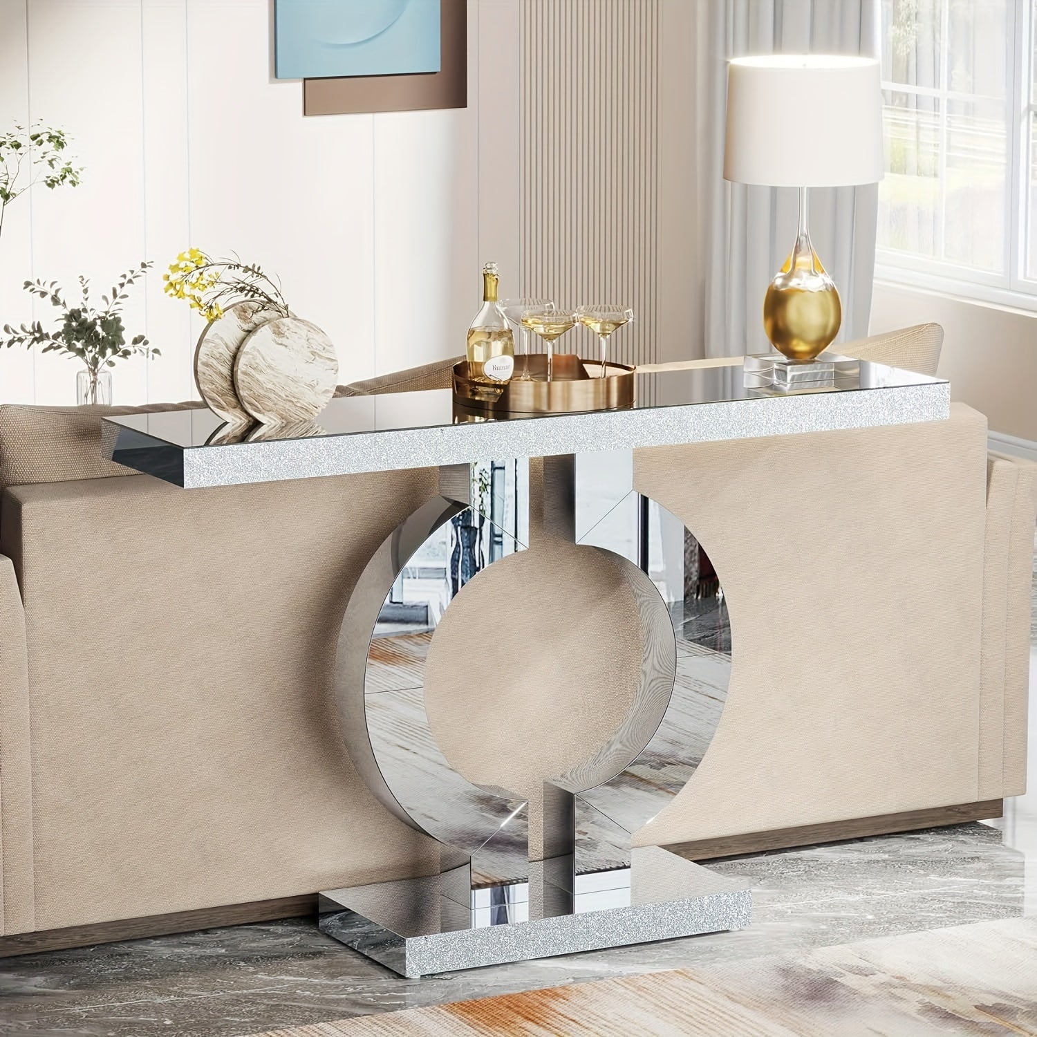 109.22 cm Mirrored Entryway Console Table with O-shape, Modern Slim Silvery Glass Sofa Table for Foyers or Living Rooms