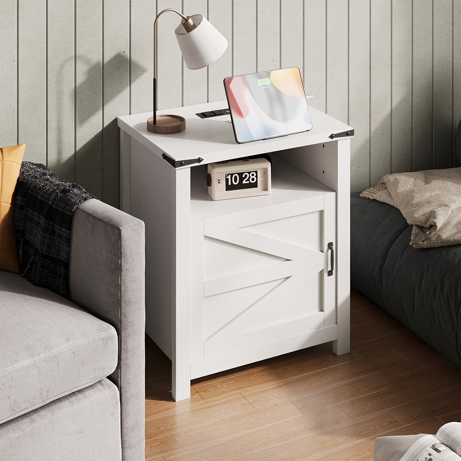 Farmhouse End Table With Charging Station, 21'' Rustic Nightstand With Barn Door, And Open/Closed Storage, Set Of 2 For Living Room Or Bedroom.